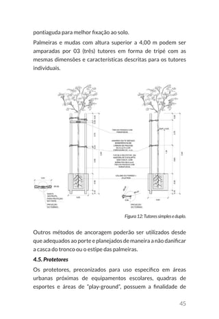 45
pontiaguda para melhor fixação ao solo.
Palmeiras e mudas com altura superior a 4,00 m podem ser
amparadas por 03 (três) tutores em forma de tripé com as
mesmas dimensões e características descritas para os tutores
individuais.
Figura12:Tutoressimpleseduplo.
Outros métodos de ancoragem poderão ser utilizados desde
que adequados ao porte e planejados de maneira a não danificar
a casca do tronco ou o estipe das palmeiras.
4.5. Protetores
Os protetores, preconizados para uso específico em áreas
urbanas próximas de equipamentos escolares, quadras de
esportes e áreas de “play-ground”, possuem a finalidade de
 