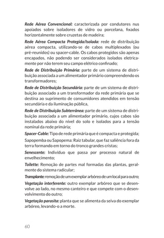 60
Rede Aérea Convencional: caracterizada por condutores nus
apoiados sobre isoladores de vidro ou porcelana, fixados
horizontalmente sobre cruzetas de madeira;
Rede Aérea Compacta Protegida/Isolada: rede de distribuição
aérea compacta, utilizando-se de cabos multiplexados (ou
pré-reunidos) ou spacer-cable. Os cabos protegidos são apenas
encapados, não podendo ser considerados isolados eletrica-
mente por não terem seu campo elétrico confinado;
Rede de Distribuição Primária: parte de um sistema de distri-
buição associada a um alimentador primário compreendendo os
transformadores;
Rede de Distribuição Secundária: parte de um sistema de distri-
buição associado a um transformador da rede primária que se
destina ao suprimento de consumidores atendidos em tensão
secundária e da iluminação pública,
Rede de Distribuição Subterrânea: parte de um sistema de distri-
buição associada a um alimentador primário, cujos cabos são
instalados abaixo do nível do solo e isolados para a tensão
nominal da rede primária;	
Spacer-Cable: Tipo de rede primária que é compacta e protegida;
Sapopemba ou Sapopema: Raiz tabular, que faz saliência fora da
terra formando em torno do tronco grandes cristas;
Senescente: Indivíduo que passa por processo natural de
envelhecimento;
Toilette: Remoção de partes mal formadas das plantas, geral-
mente do sistema radicular;
Transplante:remoçãodeumexemplararbóreodeumlocalparaoutro;
Vegetação interferente: outro exemplar arbóreo que se desen-
volve ao lado, no mesmo canteiro e que compete com o desen-
volvimento do outro;
Vegetação parasita: planta que se alimenta da seiva do exemplar
arbóreo, levando-o a morte.
 