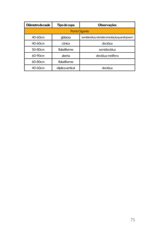 75
Diâmetrodocaule Tipodecopa Observações
40-60cm globosa semidecídua;nãotolerainsolaçãoquandojovem
40-60cm cônica decídua
50-80cm flabeliforme semidecídua
60-90cm aberta decídua;melífera
60-80cm flabeliforme
40-60cm elípticavertical decídua
PorteGigante
 
