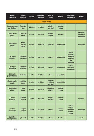 86
Nome
científico
Nome
popular
Altura
Diâmetro
docaule
Tipode
copa
Folhas
Folhagem
ornamental
Flores
MédioPorte
Aspidosperma
parvifolium
Guatambu-
oliva
10-15m 40-60cm
elíptica
vertical
semide-
cídua
Cassiaferru-
ginea
Chuvade
ouro
8-15m 50-70cm
flabeli-
forme
decídua
rácemos
pendentes
amarelos
Cassialepto-
phylla
Falso
barba-
timão
8-10m 30-40cm globosa perenifólia amarelas
Cecropia
glaziovi
Embaúba
vermelha
8-16m 20-30cm aberta perenifólia
folhas
grandes,
principal
alimento
da
preguiça
Cecropia
hololeuca
Embaúba
prateada
6-12m 20-30cm aberta perenifólia
folhas
grandese
prateadas
Cecropia
pachystachya
Embaúba 6-12m 20-30cm aberta perenifólia
Cordiaecaly-
culata
Caféde
bugre
8-12m 40-50cm
globosa
aelíptica
vertical
perenifólia
Cordiasello-
wiana
Louro
mole
6-10m 30-50cm
globosaa
aberta
semide-
cídua
Cordia
superba
Babosa
Branca
7-10m 20-30cm
elíptica
vertical
semide-
cídua
brancas
Croton
urucurana
Sangra
d´água
7-14m 25-35cm aberta
semide-
cídua
folhas
velhas
vermelho
alaran-
jadas
melíferas
Cybistax
antisyphilitica
Ipê-verde 6-12m 30-40cm aberta decídua verde
 