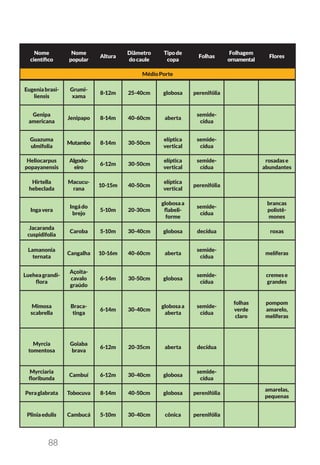 88
Nome
científico
Nome
popular
Altura
Diâmetro
docaule
Tipode
copa
Folhas
Folhagem
ornamental
Flores
MédioPorte
Eugeniabrasi-
liensis
Grumi-
xama
8-12m 25-40cm globosa perenifólia
Genipa
americana
Jenipapo 8-14m 40-60cm aberta
semide-
cídua
Guazuma
ulmifolia
Mutambo 8-14m 30-50cm
elíptica
vertical
semide-
cídua
Heliocarpus
popayanensis
Algodo-
eiro
6-12m 30-50cm
elíptica
vertical
semide-
cídua
rosadase
abundantes
Hirtella
hebeclada
Macucu-
rana
10-15m 40-50cm
elíptica
vertical
perenifólia
Ingavera
Ingádo
brejo
5-10m 20-30cm
globosaa
flabeli-
forme
semide-
cídua
brancas
polistê-
mones
Jacaranda
cuspidifolia
Caroba 5-10m 30-40cm globosa decídua roxas
Lamanonia
ternata
Cangalha 10-16m 40-60cm aberta
semide-
cídua
melíferas
Lueheagrandi-
flora
Açoita-
cavalo
graúdo
6-14m 30-50cm globosa
semide-
cídua
cremese
grandes
Mimosa
scabrella
Braca-
tinga
6-14m 30-40cm
globosaa
aberta
semide-
cídua
folhas
verde
claro
pompom
amarelo,
melíferas
Myrcia
tomentosa
Goiaba
brava
6-12m 20-35cm aberta decídua
Myrciaria
floribunda
Cambuí 6-12m 30-40cm globosa
semide-
cídua
Peraglabrata Tobocuva 8-14m 40-50cm globosa perenifólia
amarelas,
pequenas
Pliniaedulis Cambucá 5-10m 30-40cm cônica perenifólia
 