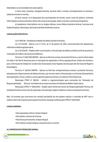 liberdadeseas necessidadesdecadaespécie;
c) deve estar presente, obrigatoriamente, durante todo o evento, principalmente na entrada e
saídadeanimaisno recinto;
d) deve colocar-se à disposição dos participantes do evento, assim como do público, emitindo
informações eesclarecimentos, dentro desuaáreadeatuação,sobre o eventoe animaisparticipantes;
e) estabelecer intercâmbio com os órgãos oﬁciais, como Defesa Sanitária Animal, Secretaria de
SaúdeEstaduale Municipal,SecretariadoMeioAmbiente e outros.
LEGISLAÇÃOESPECÍFICA
Lein°569/48 –EstabelecemedidasdedefesaSanitáriaAnimal.
Lei n°9.712/98 - Altera a Lei nº 8.171, de 17 de janeiro de 1991, acrescentando-lhe dispositivos
referentes à defesa agropecuária.
Lei n°10.519/02 - Dispõe sobre a promoção e a ﬁscalização da defesa sanitária animal quando da
realizaçãoderodeio e dáoutrasprovidências.
Portaria nº 108/1993 (MAPA) - Aprova as Normas anexas à presente Portaria, a serem observadas
em todo o Território Nacional para a realização de exposições e feiras agropecuárias, leilões de animais e
para a formação de Colégio de Jurados das Associações encarregadas da execução dos Serviços de Registro
Genealógico.
Portaria nº 162/94 (MAPA) - Aprova as Normas complementares anexas à presente Portaria,
baixadas pelo Departamento de Defesa Animal, que versam sobre a Fiscalização e o Controle Zoossanitário
dasExposições,Feiras, Leilõese outras aglomerações deanimais,emtodo territórioNacional.
Resolução CFMV nº 683/01 - Institui a regulamentação para concessão da "Anotação de
Responsabilidade Técnica"noâmbitodeserviços inerentesàProﬁssãodeMédicoVeterinário;
Resolução CFMV nº 1069/2014 - Dispõe sobre Diretrizes Gerais de Responsabilidade Técnica em
estabelecimentoscomerciaisdeexposição, manutenção,higieneestéticaevendaoudoaçãodeanimais.
Obs.: Os eventos que ocorrerem em certo(s) período(s) do ano podem realizar o contrato de ART com o
médicoveterinárioapenasparaaquele momento, baseadona Resolução CFMV nº 683/2001.
CARGAHORÁRIA:
•Nasexposições e feiras:tempo integral
•Nos leilões:mínimode12horas
•Nasfeiras permanentes:tempointegral
•Nos rodeios:tempo integral, enquanto duraroevento.
10.EMPRESASDEPRODUÇÃOANIMAL
44
 