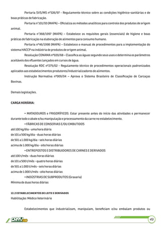Portaria SVS/MS nº326/97 - Regulamento técnico sobre as condições higiênico-sanitárias e de
boaspráticasdefabricação.
Portaria n°101/93 (MAPA) – Oﬁcializa os métodos analíticos para controle dos produtos de origem
animal.
Portaria n°368/1997 (MAPA) – Estabelece os requisitos gerais (essenciais) de higiene e boas
práticasdefabricaçãonaelaboraçãodealimentospara consumo humano.
Portaria nº46/1998 (MAPA) – Estabelece o manual de procedimentos para a implementação do
sistemaHACCP naindústriadeprodutos deorigemanimal.
Resolução CONAMA nº020/68 – Classiﬁca as águas segundo seus usos e determina os parâmetros
aceitáveisdoseﬂuenteslançadosem cursos deágua.
Resolução RDC nº275/02 - Regulamento técnico de procedimentos operacionais padronizados
aplicadosaosestabelecimentosprodutores/industrializadores dealimentos.
Instrução Normativa nº009/04 – Aprova o Sistema Brasileiro de Classiﬁcação de Carcaças
Bovinas.
Demaislegislações.
CARGAHORÁRIA:
• MATADOUROS e FRIGORÍFICOS: Estar presente antes do início das atividades e permanecer
durantetodooabate e/oumanipulaçãoe processamento dacarneno estabelecimento.
•FÁBRICAS DECONSERVAS E/OU EMBUTIDOS
até100kg/dia-uma hora diária
de101a500kg/dia- duashoras diárias
de501a 1.000kg/dia-seishorasdiárias
acimade1.000kg/dia-oitohoras diárias
•ENTREPOSTOSE DISTRIBUIDORESDECARNES E DERIVADOS
até100t/mês- duashoras diárias
de101a500t/mês - quatrohoras diárias
de501a 1.000t/mês-seishoras diárias
acimade1.000t/mês-oitohorasdiárias
•INDÚSTRIAS DESUBPRODUTOS(Graxaria)
Mínimadeduashorasdiárias
. 
Habilitação:MédicoVeterinário
Estabelecimentos que industrializam, manipulam, beneﬁciam e/ou embalam produtos ou
49
 