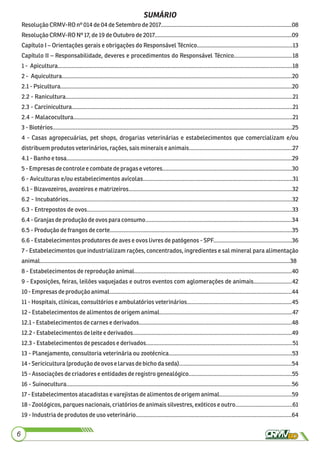 Resolução CRMV-RO nº 014 de 04 de Setembro de 2017.....................................................................................08
Resolução CRMV-RO Nº 17, de 19 de Outubro de 2017.........................................................................................09
Capítulo I – Orientações gerais e obrigações do Responsável Técnico..............................................................13
Capítulo II – Responsabilidade, deveres e procedimentos do Responsável Técnico......................................18
1 - Apicultura........................................................................................................................................................18
2 - Aquicultura.....................................................................................................................................................20
2.1 - Psicultura......................................................................................................................................................20
2.2 - Ranicultura...................................................................................................................................................21
2.3 - Carcinicultura...............................................................................................................................................21
2.4 - Malacocultura..............................................................................................................................................21
3 - Biotérios...........................................................................................................................................................25
4 - Casas agropecuárias, pet shops, drogarias veterinárias e estabelecimentos que comercializam e/ou
distribuem produtos veterinários, rações, sais minerais e animais...................................................................27
4.1 - Banho e tosa..................................................................................................................................................29
5 - Empresas de controle e combate de pragas e vetores....................................................................................30
6 - Aviculturas e/ou estabelecimentos avícolas.................................................................................................31
6.1 - Bizavozeiros, avozeiros e matrizeiros..........................................................................................................32
6.2 - Incubatórios.................................................................................................................................................32
6.3 - Entrepostos de ovos.....................................................................................................................................33
6.4 - Granjas de produção de ovos para consumo...............................................................................................34
6.5 - Produção de frangos de corte......................................................................................................................35
6.6 - Estabelecimentos produtores de aves e ovos livres de patógenos - SPF...................................................36
7 - Estabelecimentos que industrializam rações, concentrados, ingredientes e sal mineral para alimentação
animal..................................................................................................................................................................38
8 - Estabelecimentos de reprodução animal......................................................................................................40
9 - Exposições, feiras, leilões vaquejadas e outros eventos com aglomerações de animais.........................42
10 - Empresas de produção animal......................................................................................................................44
11 - Hospitais, clínicas, consultórios e ambulatórios veterinários....................................................................45
12 - Estabelecimentos de alimentos de origem animal......................................................................................47
12.1 - Estabelecimentos de carnes e derivados...................................................................................................48
12.2 - Estabelecimentos de leite e derivados.......................................................................................................49
12.3 - Estabelecimentos de pescados e derivados...............................................................................................51
13 - Planejamento, consultoria veterinária ou zootécnica................................................................................53
14 - Sericicultura (produção de ovose larvas de bicho da seda).........................................................................54
15 - Associações de criadores e entidades de registro genealógico...................................................................55
16 - Suinocultura..................................................................................................................................................56
17 - Estabelecimentos atacadistas e varejistas de alimentos de origem animal...............................................59
18 - Zoológicos, parques nacionais, criatórios de animais silvestres, exóticos e outro.....................................61
19 - Industria de produtos de uso veterinário.....................................................................................................64
SUMÁRIO
6
 
