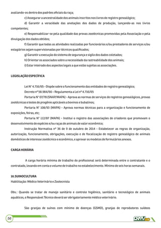 avaliando-osdentro dospadrões oﬁciaisdaraça;
c)Assegurar a ancestralidadedosanimaisinscritosnoslivrosderegistrogenealógico;
d) Garantir a veracidade das anotações dos dados de produção, lançando-as nos livros
competentes;
e) Responsabilizar-se pela qualidade das provas zootécnicas promovidas pela Associação e pela
divulgaçãodos dadosobtidos;
f) Garantir que todas as atividades realizadas por funcionários e/ou prestadores de serviços e/ou
estagiáriossejamsupervisionadaspor técnicosqualiﬁcados;
g)Garantiraexecução do sistemadesegurançae sigilodos dadoscoletados;
h)Orientaros associadossobreanecessidadedarastreabilidadedos animais;
i)Estar inteirado dos aspectoslegaisaque estãosujeitasasassociações.
LEGISLAÇÃOESPECÍFICA
LeiN°4.716/65- Dispõesobre ofuncionamento dasentidadesderegistrogenealógico;
Decretonº 58.984/66 –Regulamentaa Leinº4.716/65
Portaria N° 07/78 (SNAP/MAPA) - Aprova as normas de serviços de registros genealógicos, provas
zootécnicasetestesdeprogênieaplicáveisa bovinose bubalinos;
Portaria N° 108/93 (MAPA) - Aprova normas técnicas para a organização e funcionamento de
exposições,feiras,etc;
Portaria N° 112/87 (MAPA) - Institui o registro das associações de criadores que promovam o
desenvolvimentodeespéciese/ou raçasdeanimaisdevalor econômico;
Instrução Normativa nº 36 de 9 de outubro de 2014 - Estabelecer as regras de organização,
autorização, funcionamento, obrigações, execução e de ﬁscalização de registro genealógico de animais
domésticosdeinteressezootécnicoeeconômico,e aprovar os modelosdeformulários anexos.
CARGAHORÁRIA
A carga horária mínima de trabalho do proﬁssional será determinada entre o contratante e o
contratado,levandoem contaovolumedetrabalho noestabelecimento.Mínimodeseishoras semanais.
16.SUINOCULTURA
Habilitação:MédicoVeterinárioe Zootecnista
Obs.: Quando se tratar de manejo sanitário e controle higiênico, sanitário e tecnológico de animais
aquáticos,oResponsávelTécnicodeverá serobrigatoriamente médicoveterinário.
São granjas de suínos com mínimo de doenças (GSMD), granjas de reprodutores suídeos
56
 
