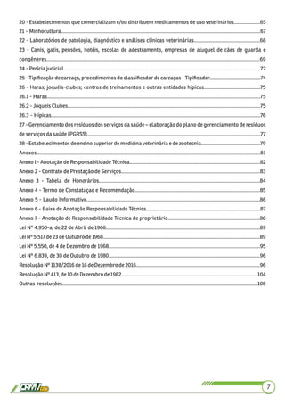 20 - Estabelecimentos que comercializam e/ou distribuem medicamentos de uso veterinários...................65
21 - Minhocultura.................................................................................................................................................67
22 - Laboratórios de patologia, diagnóstico e análises clínicas veterinárias................................................68
23 - Canis, gatis, pensões, hotéis, escolas de adestramento, empresas de aluguel de cães de guarda e
congêneres.....................................................................................................................................................69
24 - Perícia judicial...............................................................................................................................................72
25 - Tipiﬁcação de carcaça, procedimentos do classiﬁcador de carcaças - Tipiﬁcador.....................................74
26 - Haras; joquéis-clubes; centros de treinamentos e outras entidades hípicas.........................................75
26.1 - Haras...........................................................................................................................................................75
26.2 - Jóqueis Clubes............................................................................................................................................75
26.3 - Hípicas........................................................................................................................................................76
27 - Gerenciamento dos resíduos dos serviços da saúde – elaboração do plano de gerenciamento de resíduos
de serviços da saúde (PGRSS)..............................................................................................................................77
28 - Estabelecimentos de ensino superior de medicina veterinária e de zootecnia...........................................79
Anexos......................................................................................................................................................81
Anexo I - Anotação de Responsabilidade Técnica...............................................................................................82
Anexo 2 - Contrato de Prestação de Serviços.....................................................................................................83
Anexo 3 - Tabela de Honorários.....................................................................................................................84
Anexo 4 - Termo de Constataçao e Recomendação...........................................................................................85
Anexo 5 - Laudo Informativo..............................................................................................................................86
Anexo 6 - Baixa de Anotação Responsabilidade Técnica...................................................................................87
Anexo 7 - Anotação de Responsabilidade Técnica de proprietário...................................................................88
Lei Nº 4.950-a, de 22 de Abril de 1966................................................................................................................89
Lei Nº 5.517 de 23 de Outubro de 1968..................................................................................................................89
Lei Nº 5.550, de 4 de Dezembro de 1968..............................................................................................................95
Lei Nº 6.839, de 30 de Outubro de 1980..............................................................................................................96
Resolução Nº 1138/2016 de 16 de Dezembro de 2016..........................................................................................96
Resolução Nº 413, de 10 de Dezembro de 1982...................................................................................................104
Outras resoluções..............................................................................................................................................108
7
 