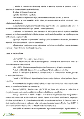 s) manter os funcionários envolvidos, cientes do risco de acidentes e zoonoses, além da
preocupaçãocom a higieneeproﬁlaxia individual;
t)realizaratividadeseducacionais;
u) prestaratendimento aopúblico;
v) estarcienteecumprir alegislaçãopertinente emvigênciaemsua áreadeatuação;
w) atender a todas as exigências do IBAMA, encaminhando os relatórios de acordo com a
solicitaçãodainstituição;
x) acatar e fazer cumprir as normas e legislações pertinentes à sua área de atuação, agindo de
formaintegradacomosproﬁssionaisqueexercemaﬁscalizaçãooﬁcial;
y) pesquisar e propor formas mais adequadas de utilização dos animais silvestres e exóticos,
adotando conhecimentos de biologia, ﬁsiologia, etologia, bioclimatologia, nutrição, reprodução e genética,
tendoemvistasua preservação;
z) planejar, pesquisar e supervisionar a produção/criação dos animais do biotério, buscando seu
bemestar, equilíbrionutricionale controlegenealógico;
aa) desenvolver métodos de estudo, tecnologias, conhecimentos cientíﬁcos e outras ações para
promoverodesenvolvimento cientíﬁcoetecnológico.
LEGISLAÇÃOESPECÍFICA
Leinº 5.197/67 - Dispõesobre a faunasilvestre
Lei n° 9.605/98 - Dispõe sobre as sanções penais e administrativas derivadas de condutas e
atividadeslesivasaomeioambiente
Lein°7.173/83 -Dispõe sobreoestabelecimentoe funcionamento dejardinszoológicos
Portarianº139-N/93 -Obter registronaqualiﬁcação“CriadouroConservacionista”
Portaria nº 117/97 (Ibama) - Normaliza a comercialização de animais vivos e abatidos, produtos
dafaunasilvestre brasileira
Portaria nº 118/97 (Ibama) - Normaliza o funcionamento de criadouros animais da fauna silvestre
brasileira;
Decreto nº 3.179/99- Dispõe sobre a especiﬁcação das sanções aplicáveisàs condutas e atividades
lesivasaomeio ambiente, e dáoutrasprovidências
Decreto nº 6296/07 - Regulamenta a Lei nº 6.198, que dispõe sobre a inspeção e a ﬁscalização
obrigatóriasdosprodutosdestinadosà alimentaçãoanimale dáoutras providências
Instrução Normativa nº 169/08 - Institui e normatiza as categorias de uso e manejo da fauna
silvestre em cativeiro em território brasileiro, visando atender às ﬁnalidades socioculturais, de pesquisa
cientíﬁca, de conservação, de exposição, de manutenção, de criação, de reprodução, de comercialização, de
abate e de beneﬁciamento de produtos e subprodutos, constantes do Cadastro Técnico Federal (CTF) de
atividadespotencialmentepoluidorasou utilizadoras derecursosnaturais
Resolução n° 33/04 (Anvisa/MS) - Dispõe sobre o regulamento técnico para o gerenciamento de
63
 