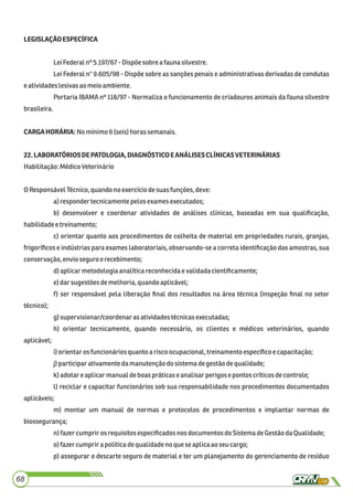 LEGISLAÇÃOESPECÍFICA
LeiFederalnº 5.197/67 - Dispõesobre afauna silvestre.
Lei Federal n° 9.605/98 - Dispõe sobre as sanções penais e administrativas derivadas de condutas
eatividadeslesivasao meio ambiente.
Portaria IBAMA nº 118/97 - Normaliza o funcionamento de criadouros animais da fauna silvestre
brasileira.
CARGAHORÁRIA:Nomínimo6(seis)horassemanais.
22.LABORATÓRIOSDEPATOLOGIA,DIAGNÓSTICOEANÁLISESCLÍNICASVETERINÁRIAS
Habilitação:MédicoVeterinário
OResponsávelTécnico,quandonoexercíciodesuas funções,deve:
a)respondertecnicamente pelos examesexecutados;
b) desenvolver e coordenar atividades de análises clínicas, baseadas em sua qualiﬁcação,
habilidadeetreinamento;
c) orientar quanto aos procedimentos de colheita de material em propriedades rurais, granjas,
frigoríﬁcos e indústrias para exames laboratoriais, observando-se a correta identiﬁcação das amostras, sua
conservação, envioseguro erecebimento;
d)aplicarmetodologiaanalíticareconhecidae validadacientiﬁcamente;
e)darsugestões demelhoria,quandoaplicável;
f) ser responsável pela liberação ﬁnal dos resultados na área técnica (inspeção ﬁnal no setor
técnico);
g)supervisionar/coordenaras atividadestécnicasexecutadas;
h) orientar tecnicamente, quando necessário, os clientes e médicos veterinários, quando
aplicável;
i)orientarosfuncionáriosquanto arisco ocupacional,treinamentoespecíﬁcoecapacitação;
j)participarativamentedamanutenção dosistema degestãodequalidade;
k) adotare aplicarmanualdeboas práticaseanalisarperigose pontoscríticosdecontrole;
l) reciclar e capacitar funcionários sob sua responsabilidade nos procedimentos documentados
aplicáveis;
m) montar um manual de normas e protocolos de procedimentos e implantar normas de
biossegurança;
n)fazer cumprir osrequisitos especiﬁcadosnos documentosdoSistema deGestãodaQualidade;
o) fazer cumprirapolíticadequalidadeno quese aplicaao seu cargo;
p) assegurar o descarte seguro de material e ter um planejamento do gerenciamento de resíduo
68
 