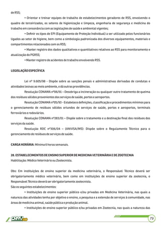 deRSS;
• Orientar e treinar equipes de trabalho de estabelecimentos geradores de RSS, envolvendo o
quadro de terceirizados, os setores de higienização e limpeza, engenharia de segurança e medicina do
trabalhoemconsonânciacomaslegislaçõesdesaúdee ambientalvigentes;
• Deﬁnir os tipos de EPI (Equipamento de Proteção Individual) a ser utilizado pelos funcionários
ligados ao setor de higiene, bem como a simbologia padronizada dos diversos equipamentos, materiais e
compartimentosrelacionadoscomos RSS;
• Manter registro dos dados qualitativos e quantitativos relativos ao RSS para monitoramento e
atualizaçãodoPGRSS;
•Manter registrode acidentesdetrabalho envolvendoRSS.
LEGISLAÇÃOESPECÍFICA
Lei nº 9.605/98 - Dispõe sobre as sanções penais e administrativas derivadas de condutas e
atividadeslesivasaomeioambiente, e dáoutras providências.
Resolução CONAMA nº06/91 – Desobriga a incineração ou qualquer outro tratamento de queima
dosresíduossólidos provenientes dosserviços desaúde,portos e aeroportos.
Resolução CONAMA nº05/93 - Estabelece deﬁnições, classiﬁcação e procedimentos mínimos para
o gerenciamento de resíduos sólidos oriundos de serviços de saúde, portos e aeroportos, terminais
ferroviários erodoviários.
Resolução CONAMA nº283/01 – Dispõe sobre o tratamento e a destinação ﬁnal dos resíduos dos
serviçosdasaúde.
Resolução RDC nº306/04 – (ANVISA/MS): Dispõe sobre o Regulamento Técnico para o
gerenciamentoderesíduosdeserviços desaúde.
CARGAHORÁRIA:Mínima6horas semanais.
28.ESTABELECIMENTOSDEENSINOSUPERIORDEMEDICINAVETERINÁRIAEDEZOOTECNIA
Habilitação:MédicoVeterinárioou Zootecnista.
Obs: Em instituições de ensino superior da medicina veterinária, o Responsável Técnico deverá ser
obrigatoriamente médico veterinário, bem como em instituições de ensino superior da zootecnia, o
ResponsávelTécnicodeverá serobrigatoriamente zootecnista.
Sãoos seguintes estabelecimentos:
• Instituições de ensino superior público e/ou privadas em Medicina Veterinária, nas quais a
natureza das atividades tenha por objetivo o ensino, a pesquisa e a extensão de serviços à comunidade, nas
áreasdemedicinaanimal,saúdepúblicaeprodução animal.
• Instituições de ensino superior público e/ou privadas em Zootecnia, nas quais a natureza das
79
 