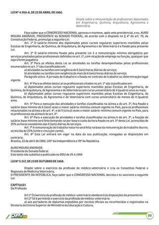LEINº4.950-A,DE22DEABRILDE1966.
Dispõe sobre a remuneração de proﬁssionais diplomados
em Engenharia, Química, Arquitetura, Agronomia e
Veterinária.
Faço saber que o CONGRESSO NACIONAL aprovou e manteve, após veto presidencial, e eu, AURO
MOURA ANDRADE, PRESIDENTE do SENADO FEDERAL, de acordo com o disposto no § 4º do art. 70, da
Constituição Federal,promulgoa seguinte Lei:
Art. 1º O salário-mínimo dos diplomados pelos cursos regulares superiores mantidos pelas
Escolas de Engenharia, de Química, de Arquitetura, de Agronomia e de Veterinária é o ﬁxado pela presente
Lei.
Art. 2º O salário-mínimo ﬁxado pela presente Lei é a remuneração mínima obrigatória por
serviços prestados pelos proﬁssionais deﬁnidos no art. 1º, com relação de emprego ou função, qualquer que
sejaafonte pagadora.
Art. 3º Para os efeitos desta Lei as atividades ou tarefas desempenhadas pelos proﬁssionais
enumerados noart.1º sãoclassiﬁcadasem:
a)atividadesoutarefascomexigênciade6 (seis) horas diáriasdeserviço;
b)atividadesou tarefascomexigênciademaisde6(seis)horasdiáriasdeserviço.
Parágrafo único. A jornada de trabalho é a ﬁxada no contrato de trabalho ou determinação legal
vigente.
Art.4ºParaos efeitos destaLeios proﬁssionaiscitadosnoart.1º sãoclassiﬁcadosem:
a) diplomados pelos cursos regulares superiores mantidos pelas Escolas de Engenharia, de
Química,deArquitetura, deAgronomiae deVeterináriacomcursouniversitáriode4 (quatro) anos oumais;
b) diplomados pelos cursos regulares superiores mantidos pelas Escolas de Engenharia, de
Química, de Arquitetura, de Agronomia e de Veterinária com curso universitário de menos de 4 (quatro)
anos.
Art. 5º Para a execução das atividades e tarefas classiﬁcadas na alínea a do art. 3º, ﬁca ﬁxado o
salário-base mínimo de 6 (seis) vezes o maior salário-mínimo comum vigente no País, para os proﬁssionais
relacionados na alínea a do art. 4º, e de 5 (cinco) vezes o maior salário-mínimo comum vigente no País, para
osproﬁssionaisdaalíneabdoart.4º.
Art. 6º Para a execução de atividades e tarefas classiﬁcadas na alínea b do art. 3º, a ﬁxação do
salário-base mínimo será feito tomando-se por base o custo da hora ﬁxado no art. 5º desta Lei, acrescidas de
25%ashorasexcedentesdas6(seis) diáriasdeserviços.
Art. 7º A remuneração do trabalho noturno será feita na base da remuneração do trabalho diurno,
acrescidade25%(vintee cincopor cento).
Art. 8º Esta Lei entrará em vigor na data da sua publicação, revogadas as disposições em
contrário.
Brasília,22 deabrilde1966;145º daIndependênciae78º daRepública.
AURO MOURA ANDRADE
PresidentedoSenadoFederal
Estetexto nãosubstitui o publicadono DOUde29.4.1966
LEINº5.517,DE23DEOUTUBRODE1968.
Dispõe sobre o exercício da proﬁssão de médico-veterinário e cria os Conselhos Federal e
RegionaisdeMedicinaVeterinária.
O PRESIDENTE DA REPÚBLICA, faço saber que o CONGRESSO NACIONAL decreta e eu sanciono a seguinte
Lei:
CAPÍTULOI
DaProﬁssão
Art1ºO exercíciodaproﬁssãodemédico-veterinárioobedecerá àsdisposiçõesdapresente lei.
Art2ºSó é permitidooexercíciodaproﬁssãodemédico-veterinário:
a) aos portadores de diplomas expedidos por escolas oﬁciais ou reconhecidas e registradas na
DiretoriadoEnsinoSuperior do MinistériodaEducaçãoe Cultura;
89
 