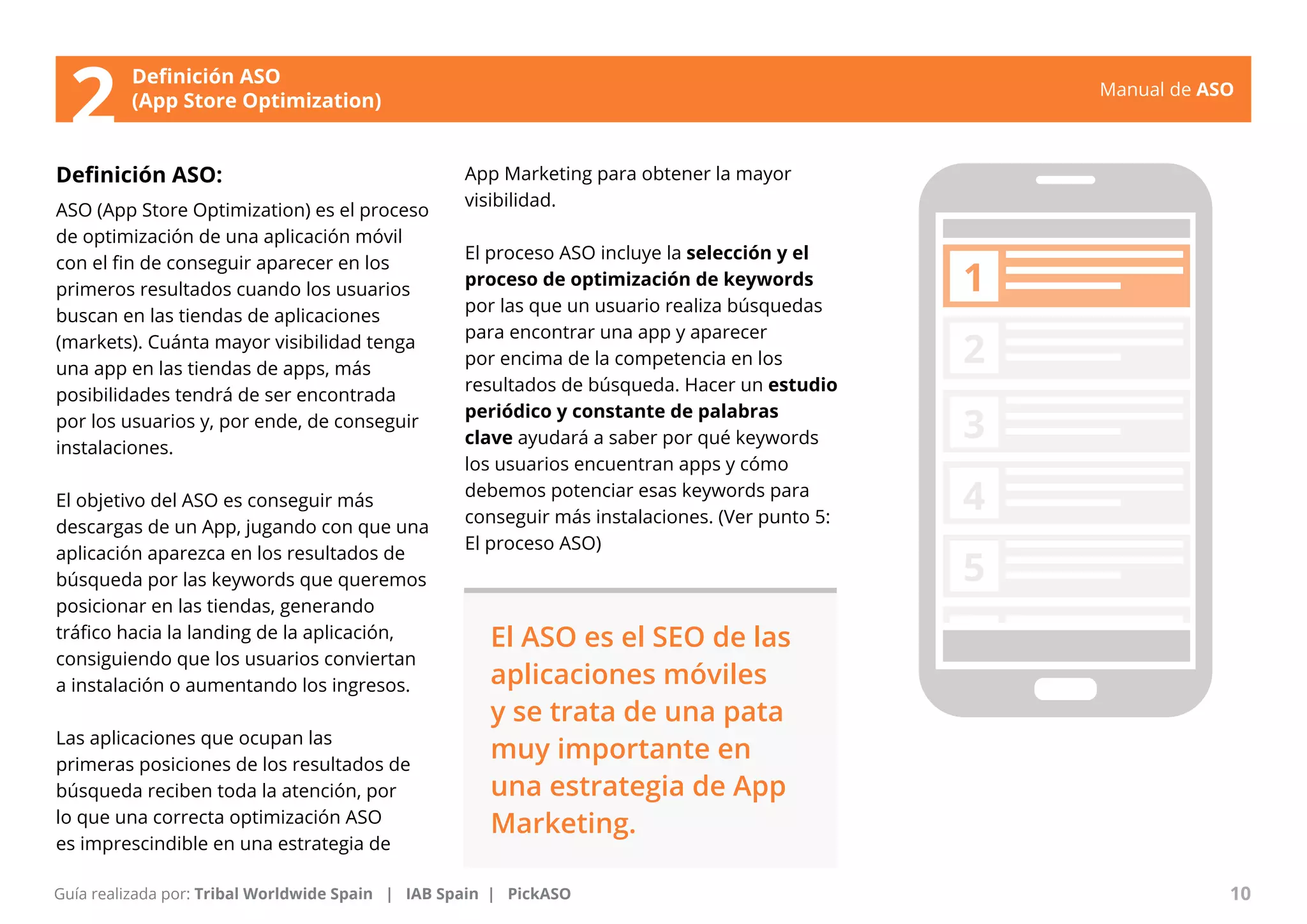 Manual de ASO 
Definición ASO 
(App Store Optimization) 
Definición ASO: 
ASO (App Store Optimization) es el proceso 
de optimización de una aplicación móvil 
con el fin de conseguir aparecer en los 
primeros resultados cuando los usuarios 
buscan en las tiendas de aplicaciones 
(markets). Cuánta mayor visibilidad tenga 
una app en las tiendas de apps, más 
posibilidades tendrá de ser encontrada 
por los usuarios y, por ende, de conseguir 
instalaciones. 
El objetivo del ASO es conseguir más 
descargas de un App, jugando con que una 
aplicación aparezca en los resultados de 
búsqueda por las keywords que queremos 
posicionar en las tiendas, generando 
tráfico hacia la landing de la aplicación, 
consiguiendo que los usuarios conviertan 
a instalación o aumentando los ingresos. 
Las aplicaciones que ocupan las 
primeras posiciones de los resultados de 
búsqueda reciben toda la atención, por 
lo que una correcta optimización ASO 
es imprescindible en una estrategia de 
App Marketing para obtener la mayor 
visibilidad. 
El proceso ASO incluye la selección y el 
proceso de optimización de keywords 
por las que un usuario realiza búsquedas 
para encontrar una app y aparecer 
por encima de la competencia en los 
resultados de búsqueda. Hacer un estudio 
periódico y constante de palabras 
clave ayudará a saber por qué keywords 
los usuarios encuentran apps y cómo 
debemos potenciar esas keywords para 
conseguir más instalaciones. (Ver punto 5: 
El proceso ASO) 
Manual de ASO 10 
Guía realizada por: Tribal Worldwide Spain | IAB Spain | PickASO 
1 
2 
3 
4 
5 
El ASO es el SEO de las 
aplicaciones móviles 
y se trata de una pata 
muy importante en 
una estrategia de App 
Marketing. 
2 
 