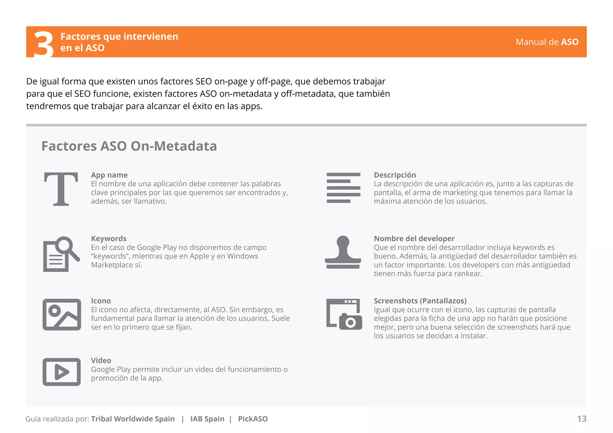 Manual de ASO 
Factores que intervienen 
en el ASO 
De igual forma que existen unos factores SEO on-page y off-page, que debemos trabajar 
para que el SEO funcione, existen factores ASO on-metadata y off-metadata, que también 
tendremos que trabajar para alcanzar el éxito en las apps. 
Factores ASO On-Metadata 
App name 
El nombre de una aplicación debe contener las palabras 
clave principales por las que queremos ser encontrados y, 
además, ser llamativo. 
Manual de ASO 13 
Guía realizada por: Tribal Worldwide Spain | IAB Spain | PickASO 
Descripción 
La descripción de una aplicación es, junto a las capturas de 
pantalla, el arma de marketing que tenemos para llamar la 
máxima atención de los usuarios. 
Keywords 
En el caso de Google Play no disponemos de campo 
“keywords”, mientras que en Apple y en Windows 
Marketplace sí. 
Nombre del developer 
Que el nombre del desarrollador incluya keywords es 
bueno. Además, la antigüedad del desarrollador también es 
un factor importante. Los developers con más antigüedad 
tienen más fuerza para rankear. 
Icono 
El icono no afecta, directamente, al ASO. Sin embargo, es 
fundamental para llamar la atención de los usuarios. Suele 
ser en lo primero que se fijan. 
Screenshots (Pantallazos) 
Igual que ocurre con el icono, las capturas de pantalla 
elegidas para la ficha de una app no harán que posicione 
mejor, pero una buena selección de screenshots hará que 
los usuarios se decidan a instalar. 
Video 
Google Play permite incluir un video del funcionamiento o 
promoción de la app. 
3 
 
