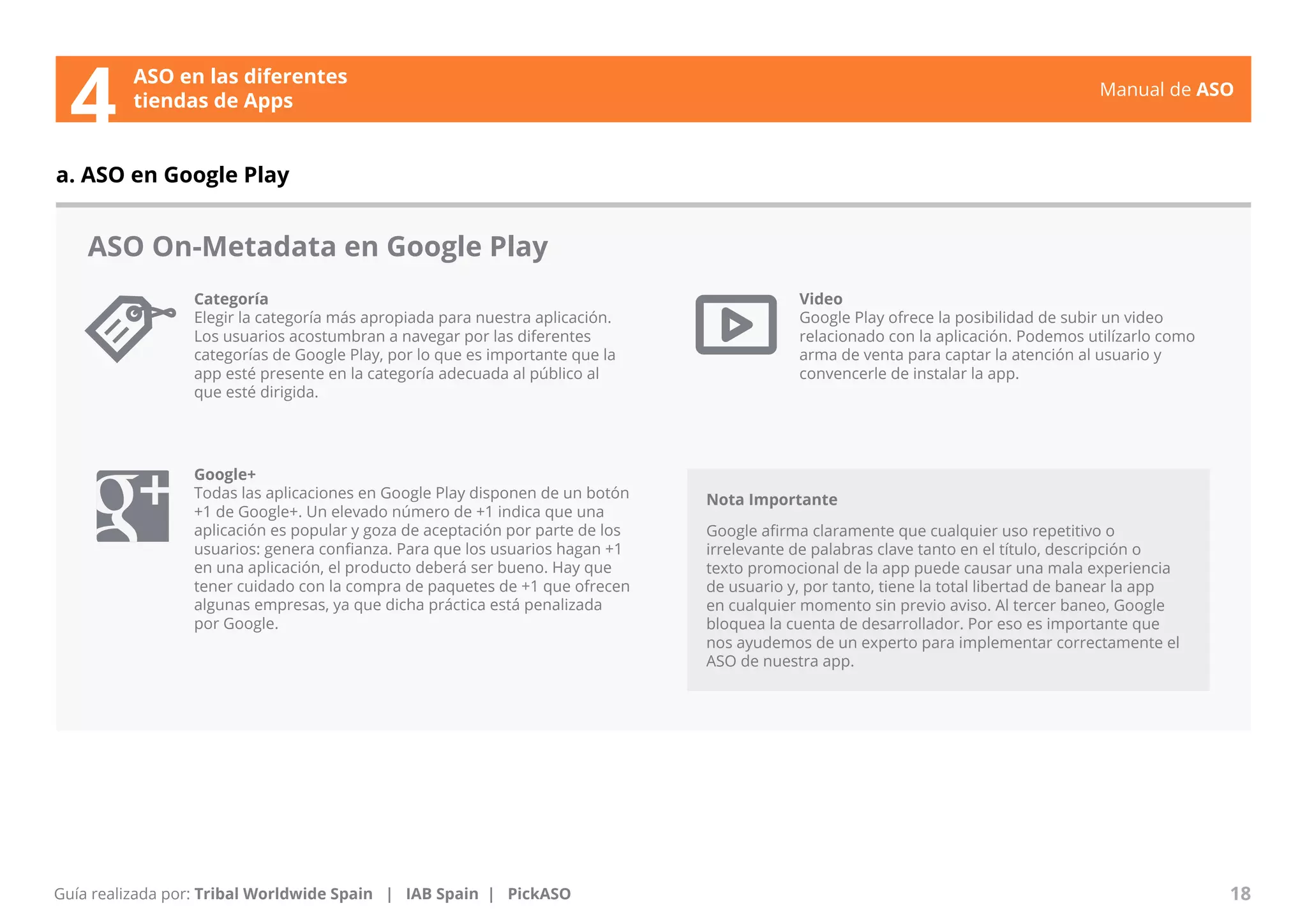 Manual de ASO 
ASO On-Metadata en Google Play 
Categoría 
Elegir la categoría más apropiada para nuestra aplicación. 
Los usuarios acostumbran a navegar por las diferentes 
categorías de Google Play, por lo que es importante que la 
app esté presente en la categoría adecuada al público al 
que esté dirigida. 
Manual de ASO 18 
a. ASO en Google Play 
Guía realizada por: Tribal Worldwide Spain | IAB Spain | PickASO 
Video 
Google Play ofrece la posibilidad de subir un video 
relacionado con la aplicación. Podemos utilízarlo como 
arma de venta para captar la atención al usuario y 
convencerle de instalar la app. 
Google+ 
Todas las aplicaciones en Google Play disponen de un botón 
+1 de Google+. Un elevado número de +1 indica que una 
aplicación es popular y goza de aceptación por parte de los 
usuarios: genera confianza. Para que los usuarios hagan +1 
en una aplicación, el producto deberá ser bueno. Hay que 
tener cuidado con la compra de paquetes de +1 que ofrecen 
algunas empresas, ya que dicha práctica está penalizada 
por Google. 
Nota Importante 
Google afirma claramente que cualquier uso repetitivo o 
irrelevante de palabras clave tanto en el título, descripción o 
texto promocional de la app puede causar una mala experiencia 
de usuario y, por tanto, tiene la total libertad de banear la app 
en cualquier momento sin previo aviso. Al tercer baneo, Google 
bloquea la cuenta de desarrollador. Por eso es importante que 
nos ayudemos de un experto para implementar correctamente el 
ASO de nuestra app. 
ASO en las diferentes 
4 tiendas de Apps 
 