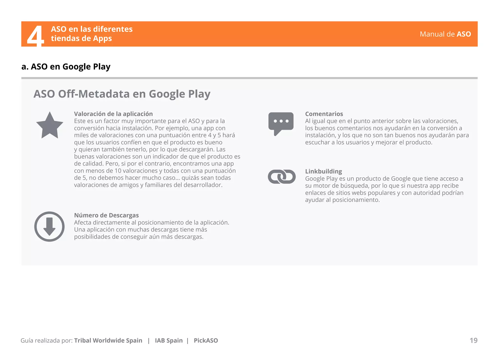 Manual de ASO 
ASO Off-Metadata en Google Play 
Valoración de la aplicación 
Este es un factor muy importante para el ASO y para la 
conversión hacia instalación. Por ejemplo, una app con 
miles de valoraciones con una puntuación entre 4 y 5 hará 
que los usuarios confíen en que el producto es bueno 
y quieran también tenerlo, por lo que descargarán. Las 
buenas valoraciones son un indicador de que el producto es 
de calidad. Pero, si por el contrario, encontramos una app 
con menos de 10 valoraciones y todas con una puntuación 
de 5, no debemos hacer mucho caso… quizás sean todas 
valoraciones de amigos y familiares del desarrollador. 
Número de Descargas 
Afecta directamente al posicionamiento de la aplicación. 
Una aplicación con muchas descargas tiene más 
posibilidades de conseguir aún más descargas. 
Manual de ASO 19 
a. ASO en Google Play 
Guía realizada por: Tribal Worldwide Spain | IAB Spain | PickASO 
Comentarios 
Al igual que en el punto anterior sobre las valoraciones, 
los buenos comentarios nos ayudarán en la conversión a 
instalación, y los que no son tan buenos nos ayudarán para 
escuchar a los usuarios y mejorar el producto. 
Linkbuilding 
Google Play es un producto de Google que tiene acceso a 
su motor de búsqueda, por lo que si nuestra app recibe 
enlaces de sitios webs populares y con autoridad podrían 
ayudar al posicionamiento. 
ASO en las diferentes 
4 tiendas de Apps 
 