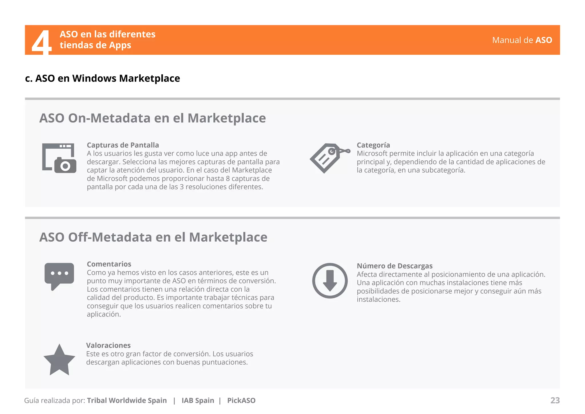 Manual de ASO 
ASO en las diferentes 
4 tiendas de Apps 
c. ASO en Windows Marketplace 
Capturas de Pantalla 
A los usuarios les gusta ver como luce una app antes de 
descargar. Selecciona las mejores capturas de pantalla para 
captar la atención del usuario. En el caso del Marketplace 
de Microsoft podemos proporcionar hasta 8 capturas de 
pantalla por cada una de las 3 resoluciones diferentes. 
Comentarios 
Como ya hemos visto en los casos anteriores, este es un 
punto muy importante de ASO en términos de conversión. 
Los comentarios tienen una relación directa con la 
calidad del producto. Es importante trabajar técnicas para 
conseguir que los usuarios realicen comentarios sobre tu 
aplicación. 
Manual de ASO 23 
Guía realizada por: Tribal Worldwide Spain | IAB Spain | PickASO 
Categoría 
Microsoft permite incluir la aplicación en una categoría 
principal y, dependiendo de la cantidad de aplicaciones de 
la categoría, en una subcategoría. 
Valoraciones 
Este es otro gran factor de conversión. Los usuarios 
descargan aplicaciones con buenas puntuaciones. 
Número de Descargas 
Afecta directamente al posicionamiento de una aplicación. 
Una aplicación con muchas instalaciones tiene más 
posibilidades de posicionarse mejor y conseguir aún más 
instalaciones. 
ASO On-Metadata en el Marketplace 
ASO Off-Metadata en el Marketplace 
 