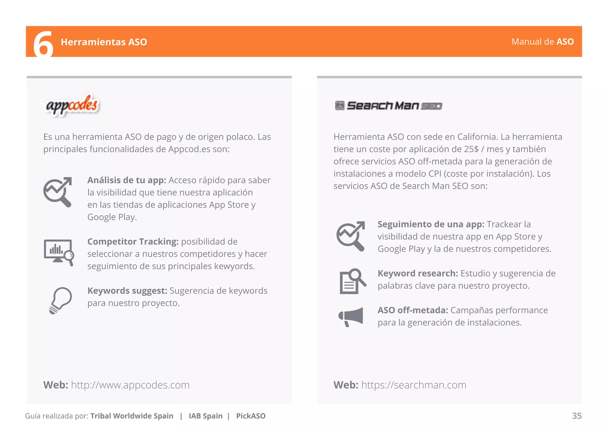Manual de ASO 
Es una herramienta ASO de pago y de origen polaco. Las 
principales funcionalidades de Appcod.es son: 
Herramienta ASO con sede en California. La herramienta 
tiene un coste por aplicación de 25$ / mes y también 
ofrece servicios ASO off-metada para la generación de 
instalaciones a modelo CPI (coste por instalación). Los 
servicios ASO de Search Man SEO son: Análisis de tu app: Acceso rápido para saber 
la visibilidad que tiene nuestra aplicación 
en las tiendas de aplicaciones App Store y 
Google Play. 
Competitor Tracking: posibilidad de 
seleccionar a nuestros competidores y hacer 
seguimiento de sus principales kewyords. 
Keywords suggest: Sugerencia de keywords 
para nuestro proyecto. 
Manual de ASO 35 
6 Herramientas ASO 
Guía realizada por: Tribal Worldwide Spain | IAB Spain | PickASO 
Seguimiento de una app: Trackear la 
visibilidad de nuestra app en App Store y 
Google Play y la de nuestros competidores. 
Keyword research: Estudio y sugerencia de 
palabras clave para nuestro proyecto. 
ASO off-metada: Campañas performance 
para la generación de instalaciones. 
Web: http://www.appcodes.com Web: https://searchman.com 
 
