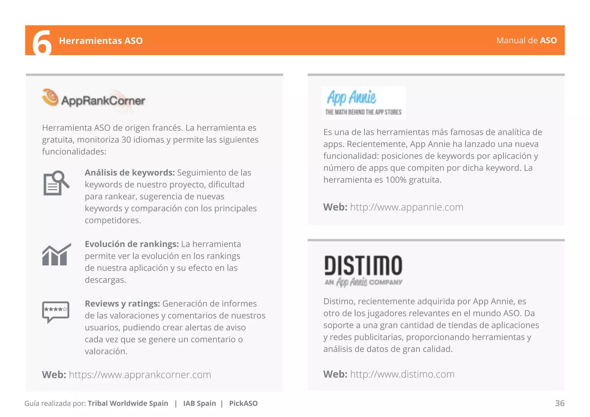 Manual de ASO 
Herramienta ASO de origen francés. La herramienta es 
gratuita, monitoriza 30 idiomas y permite las siguientes 
funcionalidades: 
Análisis de keywords: Seguimiento de las 
keywords de nuestro proyecto, dificultad 
para rankear, sugerencia de nuevas 
keywords y comparación con los principales 
competidores. 
Evolución de rankings: La herramienta 
permite ver la evolución en los rankings 
de nuestra aplicación y su efecto en las 
descargas. 
Reviews y ratings: Generación de informes 
de las valoraciones y comentarios de nuestros 
usuarios, pudiendo crear alertas de aviso 
cada vez que se genere un comentario o 
valoración. 
Web: https://www.apprankcorner.com 
Web: http://www.appannie.com 
Manual de ASO 36 
6 Herramientas ASO 
Guía realizada por: Tribal Worldwide Spain | IAB Spain | PickASO 
Es una de las herramientas más famosas de analítica de 
apps. Recientemente, App Annie ha lanzado una nueva 
funcionalidad: posiciones de keywords por aplicación y 
número de apps que compiten por dicha keyword. La 
herramienta es 100% gratuita. 
Distimo, recientemente adquirida por App Annie, es 
otro de los jugadores relevantes en el mundo ASO. Da 
soporte a una gran cantidad de tiendas de aplicaciones 
y redes publicitarias, proporcionando herramientas y 
análisis de datos de gran calidad. 
Web: http://www.distimo.com 
 