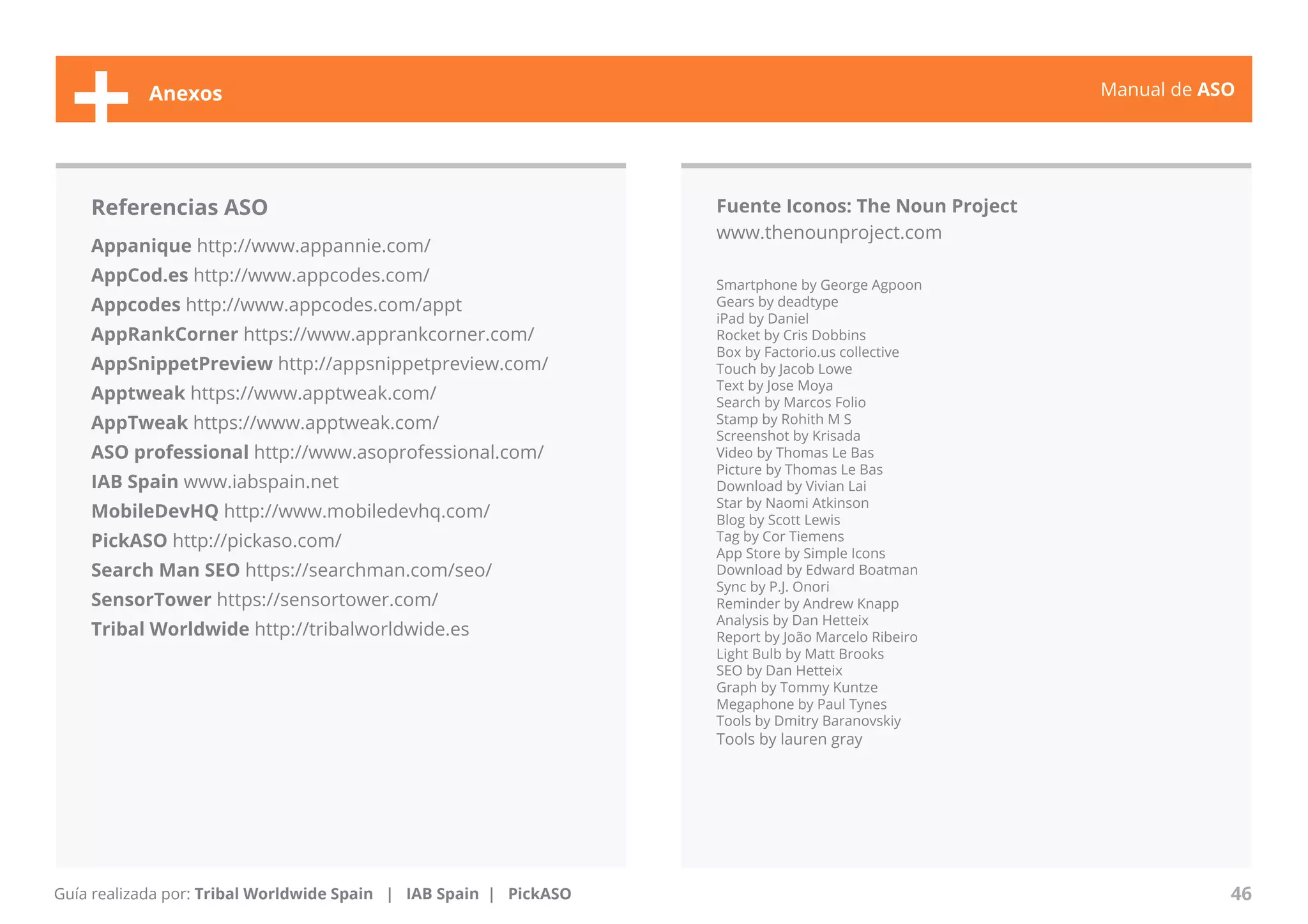 Manual de ASO 
+ Anexos 
Referencias ASO 
Appanique http://www.appannie.com/ 
AppCod.es http://www.appcodes.com/ 
Appcodes http://www.appcodes.com/appt 
AppRankCorner https://www.apprankcorner.com/ 
AppSnippetPreview http://appsnippetpreview.com/ 
Apptweak https://www.apptweak.com/ 
AppTweak https://www.apptweak.com/ 
ASO professional http://www.asoprofessional.com/ 
IAB Spain www.iabspain.net 
MobileDevHQ http://www.mobiledevhq.com/ 
PickASO http://pickaso.com/ 
Search Man SEO https://searchman.com/seo/ 
SensorTower https://sensortower.com/ 
Tribal Worldwide http://tribalworldwide.es 
Manual de ASO 46 
Guía realizada por: Tribal Worldwide Spain | IAB Spain | PickASO 
Fuente Iconos: The Noun Project 
www.thenounproject.com 
Smartphone by George Agpoon 
Gears by deadtype 
iPad by Daniel 
Rocket by Cris Dobbins 
Box by Factorio.us collective 
Touch by Jacob Lowe 
Text by Jose Moya 
Search by Marcos Folio 
Stamp by Rohith M S 
Screenshot by Krisada 
Video by Thomas Le Bas 
Picture by Thomas Le Bas 
Download by Vivian Lai 
Star by Naomi Atkinson 
Blog by Scott Lewis 
Tag by Cor Tiemens 
App Store by Simple Icons 
Download by Edward Boatman 
Sync by P.J. Onori 
Reminder by Andrew Knapp 
Analysis by Dan Hetteix 
Report by João Marcelo Ribeiro 
Light Bulb by Matt Brooks 
SEO by Dan Hetteix 
Graph by Tommy Kuntze 
Megaphone by Paul Tynes 
Tools by Dmitry Baranovskiy 
Tools by lauren gray 
 