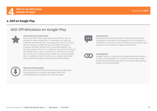 Manual de ASO 
ASO Off-Metadata en Google Play 
Valoración de la aplicación 
Este es un factor muy importante para el ASO y para la 
conversión hacia instalación. Por ejemplo, una app con 
miles de valoraciones con una puntuación entre 4 y 5 hará 
que los usuarios confíen en que el producto es bueno 
y quieran también tenerlo, por lo que descargarán. Las 
buenas valoraciones son un indicador de que el producto es 
de calidad. Pero, si por el contrario, encontramos una app 
con menos de 10 valoraciones y todas con una puntuación 
de 5, no debemos hacer mucho caso… quizás sean todas 
valoraciones de amigos y familiares del desarrollador. 
Número de Descargas 
Afecta directamente al posicionamiento de la aplicación. 
Una aplicación con muchas descargas tiene más 
posibilidades de conseguir aún más descargas. 
Manual de ASO 19 
a. ASO en Google Play 
Guía realizada por: Tribal Worldwide Spain | IAB Spain | PickASO 
Comentarios 
Al igual que en el punto anterior sobre las valoraciones, 
los buenos comentarios nos ayudarán en la conversión a 
instalación, y los que no son tan buenos nos ayudarán para 
escuchar a los usuarios y mejorar el producto. 
Linkbuilding 
Google Play es un producto de Google que tiene acceso a 
su motor de búsqueda, por lo que si nuestra app recibe 
enlaces de sitios webs populares y con autoridad podrían 
ayudar al posicionamiento. 
ASO en las diferentes 
4 tiendas de Apps 
 