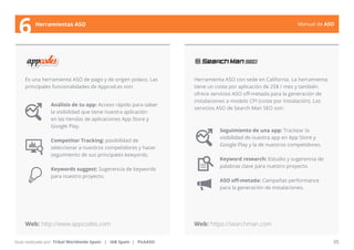 Manual de ASO 
Es una herramienta ASO de pago y de origen polaco. Las 
principales funcionalidades de Appcod.es son: 
Herramienta ASO con sede en California. La herramienta 
tiene un coste por aplicación de 25$ / mes y también 
ofrece servicios ASO off-metada para la generación de 
instalaciones a modelo CPI (coste por instalación). Los 
servicios ASO de Search Man SEO son: Análisis de tu app: Acceso rápido para saber 
la visibilidad que tiene nuestra aplicación 
en las tiendas de aplicaciones App Store y 
Google Play. 
Competitor Tracking: posibilidad de 
seleccionar a nuestros competidores y hacer 
seguimiento de sus principales kewyords. 
Keywords suggest: Sugerencia de keywords 
para nuestro proyecto. 
Manual de ASO 35 
6 Herramientas ASO 
Guía realizada por: Tribal Worldwide Spain | IAB Spain | PickASO 
Seguimiento de una app: Trackear la 
visibilidad de nuestra app en App Store y 
Google Play y la de nuestros competidores. 
Keyword research: Estudio y sugerencia de 
palabras clave para nuestro proyecto. 
ASO off-metada: Campañas performance 
para la generación de instalaciones. 
Web: http://www.appcodes.com Web: https://searchman.com 
 