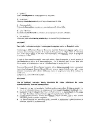 (MHPSOR
 $PDGR DPDGD DPDGRV DPDGDV
 %HELGR EHELGD EHELGRV EHELGDV
 5RWR URWD URWRV URWDV
 'LFKR GLFKD GLFKRV GLFKDV
 ,PSUHVR LPSUHVD LPSUHVRV LPSUHVDV
$FWLYLGDG 
,GHQWLILTXH ORV YHUERV  ORV YHUERLGHV HQ ODV VLJXLHQWHV RUDFLRQHV
 -RVp /XLV WURWD PLUDQGR KDFLD DGHODQWH
 *XVWDYR SDWHy XQD SHORWD DO RtU HO VLOEDWR
 (O VHxRU *DUFtD OLPSLD ODV FDVDV GH %DUUDQFR SDUD SXOLU VX ODVWLPDGR RUJXOOR
 (O OLEUR HVWi VREUH OD PHVD SDUD DGRUQDUOD
 /D OLEHUWDG HQWHQGLGD FRPR UHDOPHQWH HV UHSUHVHQWD XQ GHUHFKR GH WRGR LQWHJUDQWH GH XQD
VRFLHGDG
 /D YHQLGD GHO SUHVLGHQWH GH HVH SDtV UHVXOWy DSODXGLGD SRU WRGRV
 /RV 5ROOLQJ 6WRQHV KDEODQGR FRQ OD YHUGDG VRQ XQR GH ORV JUXSRV GH URFN PiV
UHFRQRFLGRV HQ HO PXQGR
 /D ~OWLPD SHOtFXOD URGDGD HQ OD VLHUUD FDSWXUy OD DWHQFLyQ GH ORV VDWXUDGRV HVSHFWDGRUHV
OLPHxRV
 (OOD LQVSLUiQGRVH HQ OD GHVDSDUHFLGD GLYD FRQVWUXy XQ HQWUDxDEOH SHUVRQDMH
 $ Pt PH HQFDQWD DTXHO WDQ SURPRFLRQDGR FXHQWR GH HVH UHQRPEUDGR DXWRU KRODQGpV
9HUERV VLPSOHV  YHUERV FRPSXHVWRV
8Q YHUER SXHGH SUHVHQWDUVH GH GRV IRUPDV
ƒ 9HUER VLPSOH
(VWR VXFHGH FXDQGR HO YHUER HVWi FRQIRUPDGR FRPR D VH KD YLVWR SRU XQD VROD SDODEUD
(MHPSOR
DQWR YHQGUtDV LUHPRV HWF
 