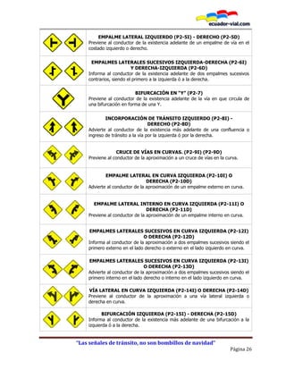 “Las señales de tránsito, no son bombillos de navidad”
Página 26
P2-5I P2-5D
EMPALME LATERAL IZQUIERDO (P2-5I) - DERECHO (P2-5D)
Previene al conductor de la existencia adelante de un empalme de vía en el
costado izquierdo o derecho.
P2-6I P2-6D
EMPALMES LATERALES SUCESIVOS IZQUIERDA-DERECHA (P2-6I)
Y DERECHA-IZQUIERDA (P2-6D)
Informa al conductor de la existencia adelante de dos empalmes sucesivos
contrarios, siendo el primero a la izquierda ó a la derecha.
BIFURCACIÓN EN “Y” (P2-7)
Previene al conductor de la existencia adelante de la vía en que circula de
una bifurcación en forma de una Y.
P2-8I P2-8D
INCORPORACIÓN DE TRÁNSITO IZQUIERDO (P2-8I) -
DERECHO (P2-8D)
Advierte al conductor de la existencia más adelante de una confluencia o
ingreso de tránsito a la vía por la izquierda ó por la derecha.
P2-9I P2-9D
CRUCE DE VÍAS EN CURVAS. (P2-9I) (P2-9D)
Previene al conductor de la aproximación a un cruce de vías en la curva.
P2-10I P2-10D
EMPALME LATERAL EN CURVA IZQUIERDA (P2-10I) O
DERECHA (P2-10D)
Advierte al conductor de la aproximación de un empalme externo en curva.
P2-11I P2-11D
EMPALME LATERAL INTERNO EN CURVA IZQUIERDA (P2-11I) O
DERECHA (P2-11D)
Previene al conductor de la aproximación de un empalme interno en curva.
P2-12I P2-12D
EMPALMES LATERALES SUCESIVOS EN CURVA IZQUIERDA (P2-12I)
O DERECHA (P2-12D)
Informa al conductor de la aproximación a dos empalmes sucesivos siendo el
primero externo en el lado derecho o externo en el lado izquierdo en curva.
P2-13I P2-13D
EMPALMES LATERALES SUCESIVOS EN CURVA IZQUIERDA (P2-13I)
O DERECHA (P2-13D)
Advierte al conductor de la aproximación a dos empalmes sucesivos siendo el
primero interno en el lado derecho o interno en el lado izquierdo en curva.
P2-14I P2-14D
VÍA LATERAL EN CURVA IZQUIERDA (P2-14I) O DERECHA (P2-14D)
Previene al conductor de la aproximación a una vía lateral izquierda o
derecha en curva.
P2-15I P2-15D
BIFURCACIÓN IZQUIERDA (P2-15I) - DERECHA (P2-15D)
Informa al conductor de la existencia más adelante de una bifurcación a la
izquierda ó a la derecha.
 