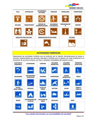 “Las señales de tránsito, no son bombillos de navidad”
Página 46
TOLA PETROGLIFO
PATRIMONIO
CULTURAL
MIRADOR MANGLARES CEMENTERIO
GALLERA ORQUIDEARIO
CENTRO DE
INTERPRETACIÓN
HACIENDAS
COLONIALES
PEREGRINACIÓ
N
PÁRAMO
ARQUITECTURA MILITAR OBSERVACIÓN DE DELFINES COLINAS
ACTIVIDADES TURÍSTICAS
Representan las actividades turísticas que se producen por la relación oferta/demanda de bienes y
servicios implementados por personas naturales o jurídicas que se dedican de modo profesional a la
prestación de servicios turísticos con fines a satisfacer necesidades del visitante-turista.
ALAS DELTA
PARAPENTE
AUTÓDROMO CAMPING
CICLISMO
DEPORTIVO
CICLISMO
TURÍSTICO
DEPORTES
ACUÁTICOS
EXCURSIÓN
EXCURSIONES
ACUÁTICAS
FOGONES HIPÓDROMO
JUEGOS
INFANTILES
PESCA
PICNIC
(ÁREA VERDE)
REFUGIO
PLAZA DE
TOROS
RAFTING KAYAK
PASEO A
CABALLO
BUCEO
EXCURSIONES EN
LA SELVA
ESCALADA EN
AGUA
ESCALADA SURF
 