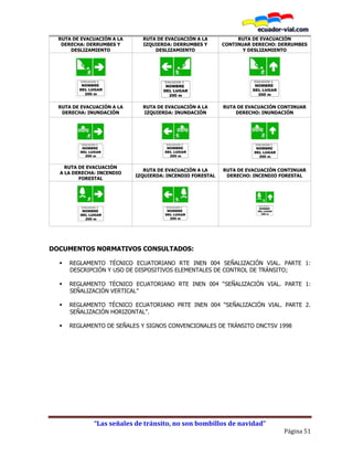 “Las señales de tránsito, no son bombillos de navidad”
Página 51
RUTA DE EVACUACIÓN A LA
DERECHA: DERRUMBES Y
DESLIZAMIENTO
RUTA DE EVACUACIÓN A LA
IZQUIERDA: DERRUMBES Y
DESLIZAMIENTO
RUTA DE EVACUACIÓN
CONTINUAR DERECHO: DERRUMBES
Y DESLIZAMIENTO
RUTA DE EVACUACIÓN A LA
DERECHA: INUNDACIÓN
RUTA DE EVACUACIÓN A LA
IZQUIERDA: INUNDACIÓN
RUTA DE EVACUACIÓN CONTINUAR
DERECHO: INUNDACIÓN
RUTA DE EVACUACIÓN
A LA DERECHA: INCENDIO
FORESTAL
RUTA DE EVACUACIÓN A LA
IZQUIERDA: INCENDIO FORESTAL
RUTA DE EVACUACIÓN CONTINUAR
DERECHO: INCENDIO FORESTAL
DOCUMENTOS NORMATIVOS CONSULTADOS:
 REGLAMENTO TÉCNICO ECUATORIANO RTE INEN 004 SEÑALIZACIÓN VIAL. PARTE 1:
DESCRIPCIÓN Y USO DE DISPOSITIVOS ELEMENTALES DE CONTROL DE TRÁNSITO;
 REGLAMENTO TÉCNICO ECUATORIANO RTE INEN 004 “SEÑALIZACIÓN VIAL. PARTE 1:
SEÑALIZACIÓN VERTICAL”
 REGLAMENTO TÉCNICO ECUATORIANO PRTE INEN 004 “SEÑALIZACIÓN VIAL. PARTE 2.
SEÑALIZACIÓN HORIZONTAL”.
 REGLAMENTO DE SEÑALES Y SIGNOS CONVENCIONALES DE TRÁNSITO DNCTSV 1998
 