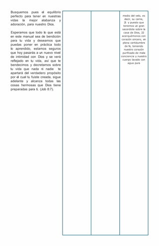 Busquemos pues el equilibrio
perfecto para tener en nuestras
vidas la mejor alabanza y
adoración, para nuestro Dios.
Esperamos que todo lo que está
en este manual sea de bendición
para tu vida y deseamos que
puedas poner en práctica todo
lo aprendido, estamos seguros
que hoy pasarás a un nuevo nivel
de intimidad con Dios y se verá
reflejado en tu vida, así que te
bendecimos y decretamos sobre
tu vida que nada ni nadie te
apartará del verdadero propósito
por el cual tu fuiste creada, sigue
adelante y alcanza todas las
cosas hermosas que Dios tiene
preparadas para ti. (Job 8:7).
medio del velo, es
decir, su carne,
2
1 y puesto que
tenemos un gran
sacerdote sobre la
casa de Dios, 22
acerquémonos con
corazón sincero, en
plena certidumbre
de fe, teniendo
nuestro corazón
purificado de mala
conciencia y nuestro
cuerpo lavado con
agua pura
 