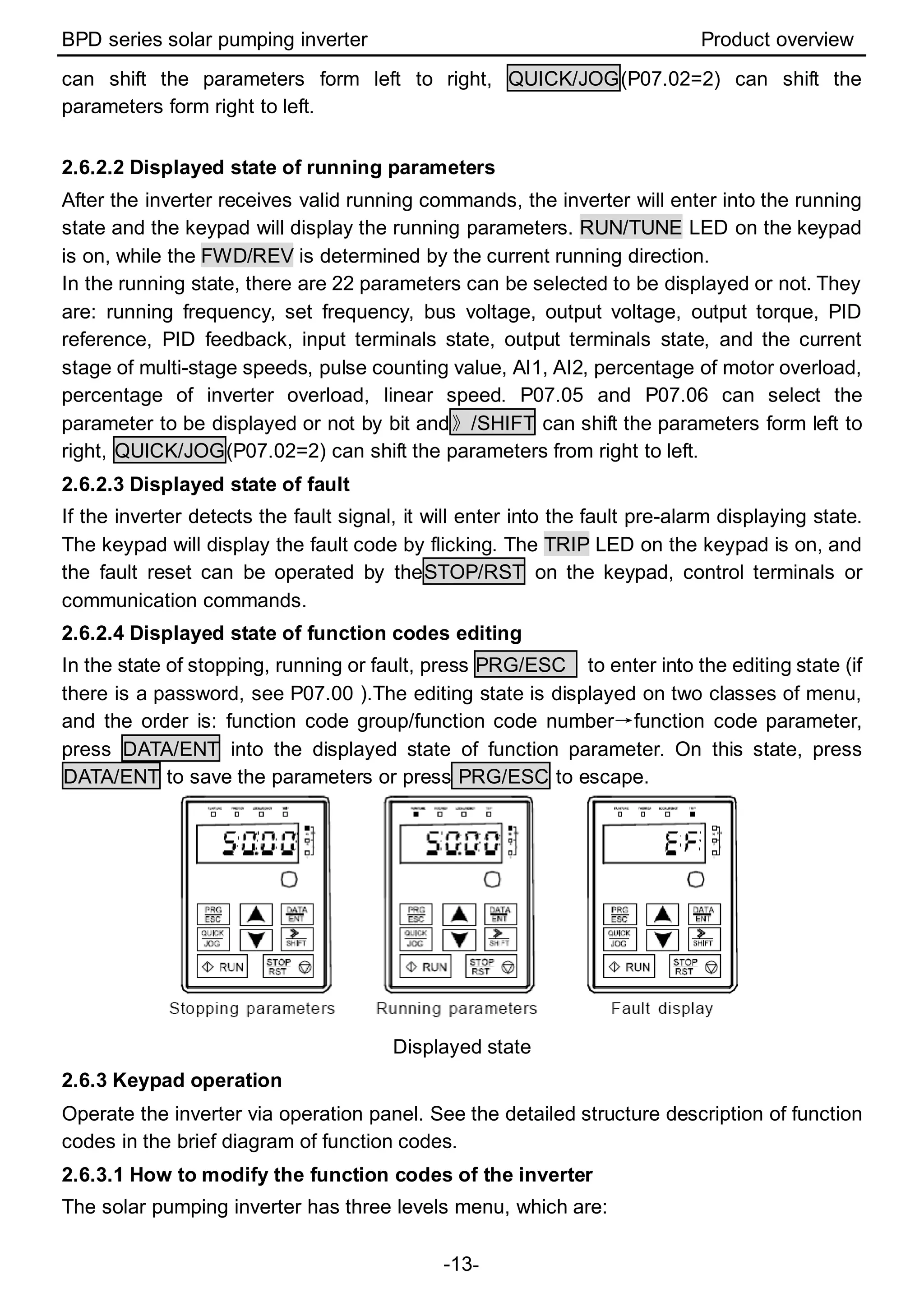 BPD series solar pumping inverter Product overview
-13-
can shift the parameters form left to right, QUICK/JOG(P07.02=2) can shift the
parameters form right to left.
2.6.2.2 Displayed state of running parameters
After the inverter receives valid running commands, the inverter will enter into the running
state and the keypad will display the running parameters. RUN/TUNE LED on the keypad
is on, while the FWD/REV is determined by the current running direction.
In the running state, there are 22 parameters can be selected to be displayed or not. They
are: running frequency, set frequency, bus voltage, output voltage, output torque, PID
reference, PID feedback, input terminals state, output terminals state, and the current
stage of multi-stage speeds, pulse counting value, AI1, AI2, percentage of motor overload,
percentage of inverter overload, linear speed. P07.05 and P07.06 can select the
parameter to be displayed or not by bit and》/SHIFT can shift the parameters form left to
right, QUICK/JOG(P07.02=2) can shift the parameters from right to left.
2.6.2.3 Displayed state of fault
If the inverter detects the fault signal, it will enter into the fault pre-alarm displaying state.
The keypad will display the fault code by flicking. The TRIP LED on the keypad is on, and
the fault reset can be operated by theSTOP/RST on the keypad, control terminals or
communication commands.
2.6.2.4 Displayed state of function codes editing
In the state of stopping, running or fault, press PRG/ESC to enter into the editing state (if
there is a password, see P07.00 ).The editing state is displayed on two classes of menu,
and the order is: function code group/function code number→function code parameter,
press DATA/ENT into the displayed state of function parameter. On this state, press
DATA/ENT to save the parameters or press PRG/ESC to escape.
Displayed state
2.6.3 Keypad operation
Operate the inverter via operation panel. See the detailed structure description of function
codes in the brief diagram of function codes.
2.6.3.1 How to modify the function codes of the inverter
The solar pumping inverter has three levels menu, which are:
 