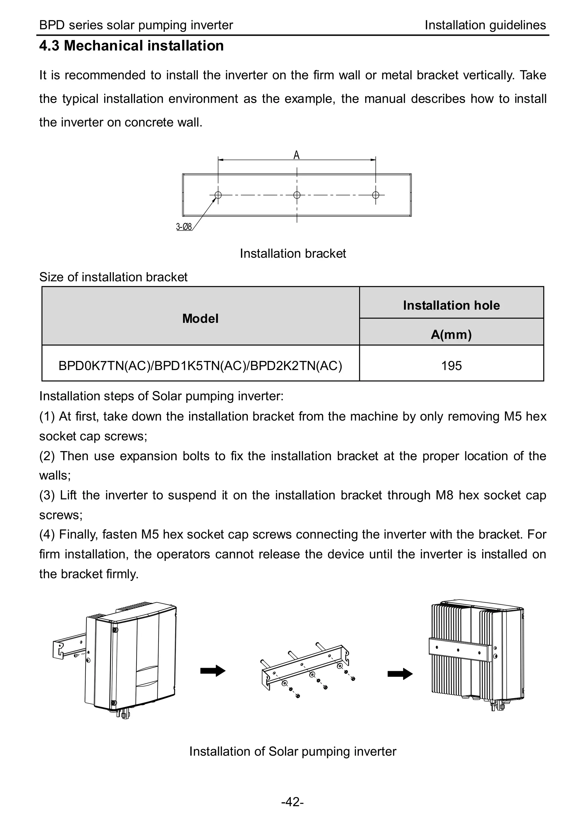 BPD series solar pumping inverter Installation guidelines
-42-
4.3 Mechanical installation
It is recommended to install the inverter on the firm wall or metal bracket vertically. Take
the typical installation environment as the example, the manual describes how to install
the inverter on concrete wall.
3-Ø8
A
Installation bracket
Size of installation bracket
Model
Installation hole
A(mm)
BPD0K7TN(AC)/BPD1K5TN(AC)/BPD2K2TN(AC) 195
Installation steps of Solar pumping inverter:
(1) At first, take down the installation bracket from the machine by only removing M5 hex
socket cap screws;
(2) Then use expansion bolts to fix the installation bracket at the proper location of the
walls;
(3) Lift the inverter to suspend it on the installation bracket through M8 hex socket cap
screws;
(4) Finally, fasten M5 hex socket cap screws connecting the inverter with the bracket. For
firm installation, the operators cannot release the device until the inverter is installed on
the bracket firmly.
Installation of Solar pumping inverter
 