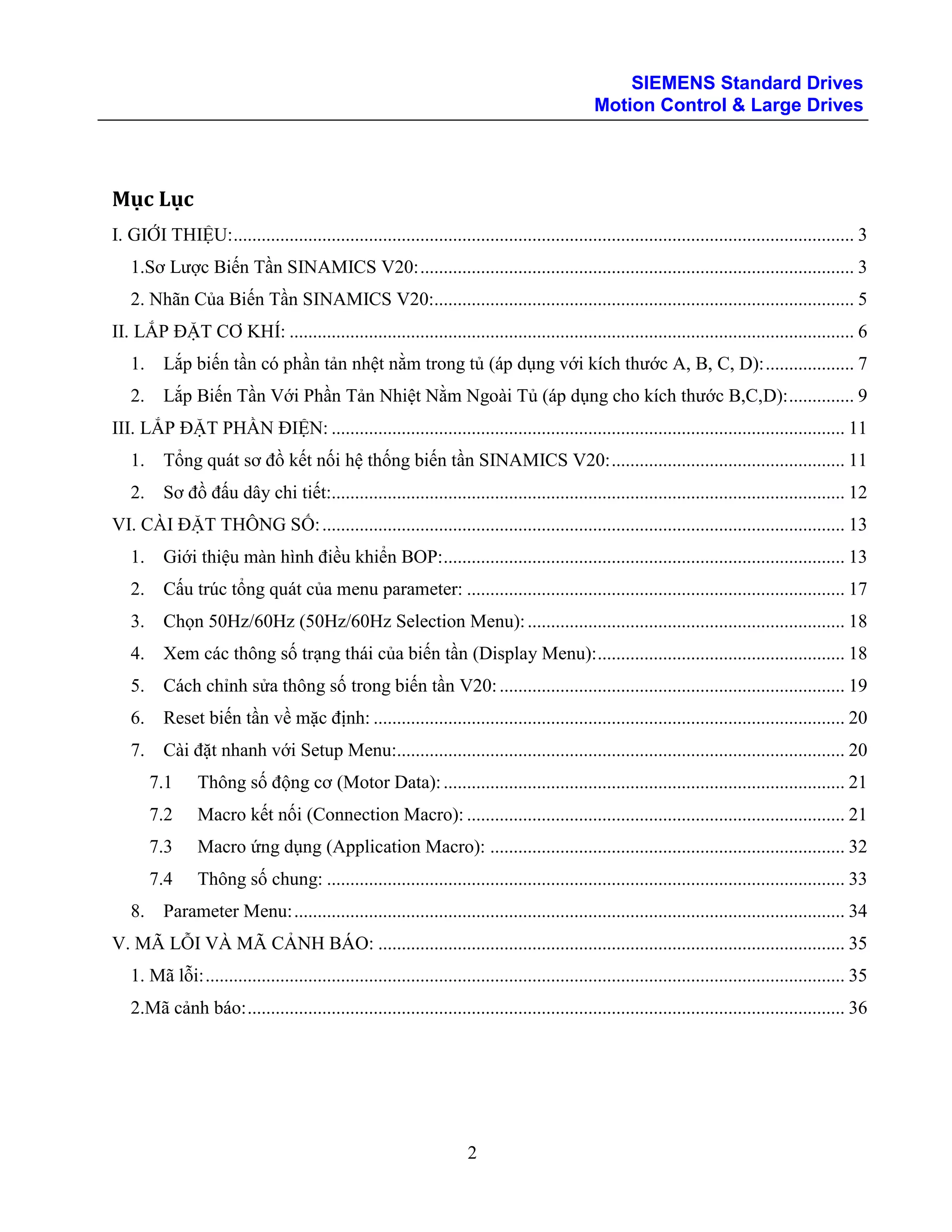 Tài liệu biến tần Siemens Sinamic V20 - Hướng dẫn sử dụng bằng Tiếng ...