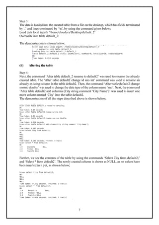 7
Step 3:
The data is loaded into the created table from a file on the desktop, which has fields terminated
by ‘,’ and lines terminated by ‘n’, by using the command given below;
Load data local inpath ‘/home/cloudera/Desktop/default_2’
Overwrite into table default_2;
The demonstration is shown below;
(ii) Altering the table
Step 4:
Next, the command ‘Alter table default_2 rename to default2’ was used to rename the already
created table. The ‘Alter table default2 change id sno int’ command was used to rename an
already existing column in the table default2. Then, the command ‘Alter table default2 change
snosno double’ was used to change the data type of the column name ‘sno’. Next, the command
‘Alter table default2 add columns (City string comment ‘City Name’)’ was used to insert one
more column named ‘City’ into the table default2.
The demonstration of all the steps described above is shown below;
Further, we see the contents of the table by using the commands ‘Select City from default2;’
and ‘Select * from default2’. The newly created column is shown as NULL, as no values have
been inserted in it yet, as shown below;
 