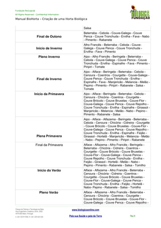 Fundação BioLogic@
All Rights Reserved – Confidential Information
Manual BioHorta – Criação de uma Horta Biológica
Salsa
Final de Outono
Beterraba - Cebola - Couve-Galega - Couve
Penca - Couve Tronchuda - Ervilha - Fava - Nabo
- Pimento - Rabanete
Inicio de Inverno
Alho Francês - Beterraba - Cebola - Couve-
Galega - Couve Penca - Couve Tronchuda -
Ervilha - Fava - Pimento
Pleno Inverno Aipo - Alho Francês - Beringela - Beterraba -
Cebola - Couve-Galega - Couve Penca - Couve
Tronchuda - Ervilha - Espinafre - Fava - Pimento -
Piripiri - Tomate
Final de Inverno
Aipo - Alface - Beringela - Beterraba - Cebola -
Cenoura - Coentros - Courgette - Couve-Galega -
Couve Penca - Couve Tronchuda - Ervilha -
Espinafre - Fava - Manjericão - Melancia - Melão -
Pepino - Pimento - Piripiri - Rabanete - Salsa -
Tomate
Inicio da Primavera Aipo - Alface - Beringela - Beterraba - Cebola -
Cenoura - Chicória - Coentros - Courgette -
Couve Brócolo - Couve Bruxelas - Couve-Flor -
Couve-Galega - Couve Penca - Couve Repolho -
Couve Tronchuda - Ervilha - Espinafre - Girassol -
Manjericão - Melancia - Melão - Nabo - Pepino -
Pimento - Rabanete - Salsa
Plena Primavera
Aipo - Alface - Alfazema - Beringela - Beterraba -
Cebola - Cenoura - Chicória - Cidreira - Courgette
- Couve Brócolo - Couve Bruxelas - Couve-Flor -
Couve-Galega - Couve Penca - Couve Repolho -
Couve Tronchuda - Ervilha - Espinafre - Feijão -
Girassol - Hortelã - Manjericão - Melancia - Melão
- Nabo - Pepino - Pimento - Piripiri - Rabanete
Final da Primavera Alface - Alfazema - Alho Francês - Beringela -
Beterraba - Chicória - Cidreira - Coentros -
Courgette - Couve Brócolo - Couve Bruxelas -
Couve-Flor - Couve-Galega - Couve Penca -
Couve Repolho - Couve Tronchuda - Ervilha -
Feijão - Girassol - Hortelã - Melão - Nabo -
Pepino - Pimento - Rabanete - Salsa - Tomilho
Inicio do Verão Alface - Alfazema - Alho Francês - Beterraba -
Cenoura - Chicória - Cidreira - Coentros -
Courgette - Couve Brócolo - Couve Bruxelas -
Couve-Flor - Couve-Galega - Couve Penca -
Couve Tronchuda - Ervilha - Feijão - Hortelã -
Nabo- Pepino - Rabanete - Salsa - Tomilho
Pleno Verão Alface - Alfazema - Alho Francês - Beterraba -
Cenoura - Chicória - Coentros - Courgette -
Couve Brócolo - Couve Bruxelas - Couve-Flor -
Couve-Galega - Couve Penca - Couve Repolho -
Parque da Ciência e Tecnologia da Maia
Rua Engenheiro Frederico Ulrich, 2650
4470-605 Maia | Portugal
t +351 937417095 | f +351 229 420 429
www.biologicaonline.com
Pela sua Saúde e pela da Terra Pág.19
 
