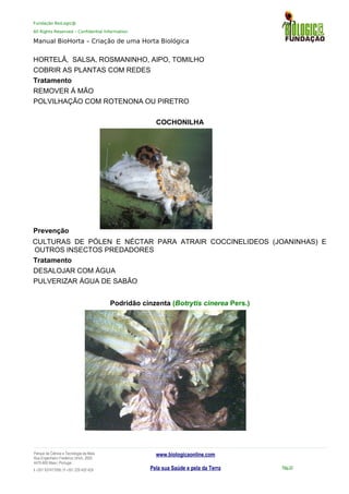 Fundação BioLogic@
All Rights Reserved – Confidential Information
Manual BioHorta – Criação de uma Horta Biológica
HORTELÃ, SALSA, ROSMANINHO, AIPO, TOMILHO
COBRIR AS PLANTAS COM REDES
Tratamento
REMOVER Á MÃO
POLVILHAÇÃO COM ROTENONA OU PIRETRO
COCHONILHA
Prevenção
CULTURAS DE PÓLEN E NÉCTAR PARA ATRAIR COCCINELIDEOS (JOANINHAS) E
OUTROS INSECTOS PREDADORES
Tratamento
DESALOJAR COM ÁGUA
PULVERIZAR ÁGUA DE SABÃO
Podridão cinzenta (Botrytis cinerea Pers.)
Parque da Ciência e Tecnologia da Maia
Rua Engenheiro Frederico Ulrich, 2650
4470-605 Maia | Portugal
t +351 937417095 | f +351 229 420 429
www.biologicaonline.com
Pela sua Saúde e pela da Terra Pág.33
 
