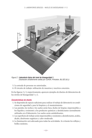 3. LABORATORIOS BÁSICOS – NIVELES DE BIOSEGURIDAD 1 Y 2




Figura 2. Laboratorio típico del nivel de bioseguridad 1.
          (Ilustración amablemente cedida por CUH2A, Princeton, NJ (EE.UU.))


 5. La entrada de personas no autorizadas.
 6. El circuito de trabajo: utilización de muestras y reactivos concretos.
En las ﬁguras 2 y 3, respectivamente, aparecen ejemplos de diseños de laboratorios de
los niveles de bioseguridad 1 y 2.

Características de diseño
 1. Se dispondrá de espacio suﬁciente para realizar el trabajo de laboratorio en condi-
    ciones de seguridad y para la limpieza y el mantenimiento.
 2. Las paredes, los techos y los suelos serán lisos, fáciles de limpiar, impermeables a
    los líquidos y resistentes a los productos químicos y desinfectantes normalmente
    utilizados en el laboratorio. Los suelos serán antideslizantes.
 3. Las superﬁcies de trabajo serán impermeables y resistentes a desinfectantes, ácidos,
    álcalis, disolventes orgánicos y calor moderado.
 4. La iluminación será adecuada para todas las actividades. Se evitarán los reﬂejos y
    brillos molestos.


                                          • 13 •
 