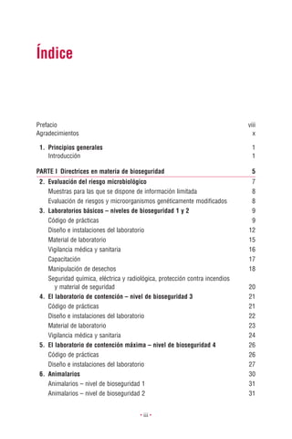 Índice



Prefacio                                                                      viii
Agradecimientos                                                                 x

 1. Principios generales                                                        1
    Introducción                                                                1

PARTE I Directrices en materia de bioseguridad                                  5
 2. Evaluación del riesgo microbiológico                                       7
    Muestras para las que se dispone de información limitada                   8
    Evaluación de riesgos y microorganismos genéticamente modiﬁcados           8
 3. Laboratorios básicos – niveles de bioseguridad 1 y 2                       9
    Código de prácticas                                                        9
    Diseño e instalaciones del laboratorio                                    12
    Material de laboratorio                                                   15
    Vigilancia médica y sanitaria                                             16
    Capacitación                                                              17
    Manipulación de desechos                                                  18
    Seguridad química, eléctrica y radiológica, protección contra incendios
       y material de seguridad                                                20
 4. El laboratorio de contención – nivel de bioseguridad 3                    21
    Código de prácticas                                                       21
    Diseño e instalaciones del laboratorio                                    22
    Material de laboratorio                                                   23
    Vigilancia médica y sanitaria                                             24
 5. El laboratorio de contención máxima – nivel de bioseguridad 4             26
    Código de prácticas                                                       26
    Diseño e instalaciones del laboratorio                                    27
 6. Animalarios                                                               30
    Animalarios – nivel de bioseguridad 1                                     31
    Animalarios – nivel de bioseguridad 2                                     31


                                        • iii •
 