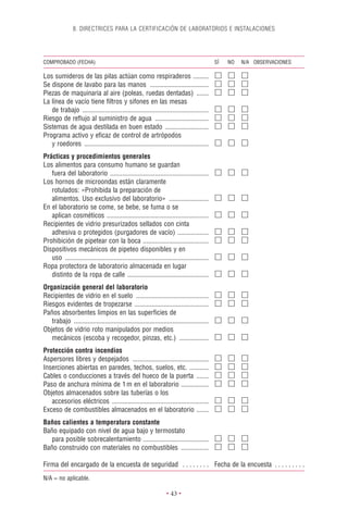 8. DIRECTRICES PARA LA CERTIFICACIÓN DE LABORATORIOS E INSTALACIONES




COMPROBADO (FECHA)                                                                           SÍ   NO   N/A OBSERVACIONES

Los sumideros de las pilas actúan como respiraderos .........
Se dispone de lavabo para las manos ..................................
Piezas de maquinaria al aire (poleas, ruedas dentadas) .......
La línea de vacío tiene ﬁltros y sifones en las mesas
   de trabajo .........................................................................
Riesgo de reﬂujo al suministro de agua ...............................
Sistemas de agua destilada en buen estado .........................
Programa activo y eﬁcaz de control de artrópodos
   y roedores ........................................................................
Prácticas y procedimientos generales
Los alimentos para consumo humano se guardan
   fuera del laboratorio .........................................................
Los hornos de microondas están claramente
   rotulados: «Prohibida la preparación de
   alimentos. Uso exclusivo del laboratorio» .......................
En el laboratorio se come, se bebe, se fuma o se
   aplican cosméticos ...........................................................
Recipientes de vidrio presurizados sellados con cinta
   adhesiva o protegidos (purgadores de vacío) ..................
Prohibición de pipetear con la boca ......................................
Dispositivos mecánicos de pipeteo disponibles y en
   uso ...................................................................................
Ropa protectora de laboratorio almacenada en lugar
   distinto de la ropa de calle ...............................................
Organización general del laboratorio
Recipientes de vidrio en el suelo ..........................................
Riesgos evidentes de tropezarse ...........................................
Paños absorbentes limpios en las superﬁcies de
   trabajo ..............................................................................
Objetos de vidrio roto manipulados por medios
   mecánicos (escoba y recogedor, pinzas, etc.) .................
Protección contra incendios
Aspersores libres y despejados ............................................
Inserciones abiertas en paredes, techos, suelos, etc. ...........
Cables o conducciones a través del hueco de la puerta .......
Paso de anchura mínima de 1 m en el laboratorio ................
Objetos almacenados sobre las tuberías o los
   accesorios eléctricos ........................................................
Exceso de combustibles almacenados en el laboratorio .......
Baños calientes a temperatura constante
Baño equipado con nivel de agua bajo y termostato
   para posible sobrecalentamiento ......................................
Baño construido con materiales no combustibles ................

Firma del encargado de la encuesta de seguridad . . . . . . . . Fecha de la encuesta . . . . . . . . .
N/A = no aplicable.

                                                                   • 43 •
 