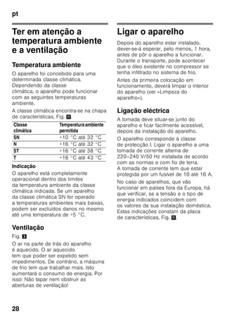 pt
27
Instruções sobre
reciclagem
* Reciclagem da embalagem
A embalagem protege o seu aparelho
de danos no transporte. Os materiais
utilizados não são poluentes e são
reutilizáveis. Proceda à reciclagem
da embalagem de forma compatível
com o meio ambiente.
Junto do seu Agente ou dos Serviços
Municipalizados poderá informar-se
sobre os procedimentos actuais
de reciclagem.
* Reciclagem dos aparelhos
usados
Os aparelhos antigos não são lixo sem
qualquer valor! Através duma reciclagem
compatível com o meio ambiente,
podem ser recuperadas matérias primas
valiosas.
ã=Aviso
Em aparelhos fora de serviço
1. Desligar a ficha da tomada.
2. Cortar o cabo eléctrico e afastá-lo
do aparelho com a respectiva ficha.
3. Não retirar as prateleiras e os
recipientes, para evitar que as
crianças trepem com a ajuda destes.
4. Não deixar que as crianças brinquem
com o aparelho fora de serviço.
Perigo de asfixia!
Os aparelhos de frio contêm agente
refrigerador e, no isolamento, gases.
O agente refrigerador e os gases devem
ser eliminados correctamente. Ter
cuidado para não danificar a tubagem
do agente refrigerador até à sua
reciclagem correcta.
O fornecimento inclui
Depois de desembrulhar o aparelho, há
que verificar todas as peças quanto
eventuais danos de transporte.
Para reclamações, dirija-se ao Agente,
onde comprou o aparelho ou à nossa
Assistência Técnica.
O fornecimento é constituído pelas
seguintes peças:
■ Aparelho Solo
■ Equipamento (dependente do
modelo)
■ Instruções de serviço
■ Instruções de montagem
■ Folheto sobre Assistência Técnica
■ Anexo sobre garantia
■ Informações sobre consumo de
energia e ruídos
■ Saco com material para a montagem
Este aparelho está marcado
em conformidade com a Directiva
2002/96/EG relativa aos
resíduos de equipamentos
eléctricos e electrónicos (waste
electrical and electronic
equipment – WEEE). A directiva
estabelece o quadro para
a criação de um sistema de
recolha e valorização dos
equipamentos usados válido
em todos os Estados Membros
da União Europeia.
 