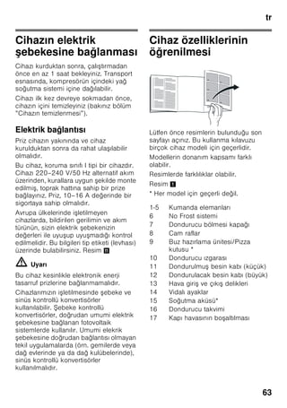 tr
60
■ Kar, kırağı ve buz tabakalarını
temizlemek için, sivri veya keskin
kenarlı cisimler kullanmayınız. Aksi
halde soğutucu madde sirkülasyon
borularının zarar görme tehlikesi söz
konusudur. Dı arı fı kıran soğutucu
madde tutu up yanabilir veya göz
yaralanmasına sebep olabilir.
■ Cihazın içinde yanıcı tahrik gazı ihtiva
eden ürünler (örn. sprey kutuları)
ve patlayıcı maddeler
bulundurmayınız. Patlama tehlikesi!
■ Cihazın tabanını, raflarını, kapılarını
ve bu gibi parçalarını basamak
niyetine veya destek olarak
kullanmayınız.
■ Buz çözme ve temizleme i lemi için,
cihazın elektrik fi ini prizden çekip
çıkarınız veya bağlı olduğu sigortayı
kapatınız. Fi i prizden çıkarırken, fi in
kendisi tutulmalıdır, kablodan tutulup
çekilmemelidir.
■ Alkol oranı yüksek olan sıvı dolu
i eleri iyice kapatarak ve dik olarak
buzdolabına koyunuz.
■ Cihazın plastik parçalarına ve kapının
contasına sıvı ve katı yağ
değmemesine özen gösteriniz. Aksi
halde bu parçalar delinip a ınabilir.
■ Cihazın hava giri ve çıkı delikleri
kesinlikle örtülmemeli ve önleri
kapatılmamalıdır.
■ Bu cihaz, fiziksel, sensörik, zihinsel
veya ruhsal yetenekleri sınırlı olan
veya cihaz hakkında yeterince
tecrübesi ve/veya bilgisi olmayan
ki iler (çocuklar da dahil) tarafından
kullanılmamalıdır; ancak bu ki iler
kendi güvenliklerinden sorumlu bir ki i
tarafından denetlenirse veya
kendilerine cihazın nasıl kullanılacağı
hakkında yeterli bilgi ve talimat
verilirse, cihazı kullanmalarına izin
verilebilir.
■ i e ve kutu içindeki sıvı maddeleri
(özellikle karbonik asit ihtiva eden
içecekleri) dondurucu bölümünde
depolamayınız. i e ve kutular
patlayabilir!
■ Dondurulmu besinleri kesinlikle
dondurucudan çıkarır çıkarmaz
ağzınıza almayınız.
Donma yanığı tehlikesi!
■ Ellerinizin uzun bir süre dondurulmu
besine, buza veya buharla tırıcı
borularına vs. temas etmesini
önleyiniz.
Donma yanığı tehlikesi!
Evdeki çocuklar
■ Ambalajları ve ambalaj parçalarını
çocuklara vermeyiniz.
Katlanan kartonlardan ve folyolardan
dolayı boğulma tehlikesi söz
konusudur!
■ Bu cihaz, çocuk oyuncağı değildir.
■ Kilit tertibatı olan cihazlarda:
Anahtarı çocukların eri emiyecekleri
bir yerde muhafaza ediniz!
Genel yönetmelikler
Cihaz,
■ gıda maddelerinin dondurulması için
kullanılır,
■ buz hazırlamak için kullanılır.
Bu cihaz evde ve ev ortamında ki isel
kullanımınız içindir, ticari amaçlı kullanım
için öngörülmemi tir.
Cihaz, 2004/108/EC AB direktiflerine
istinaden parazitlenmeye kar ı
korunmu tur.
Soğutucu madde devresinin sızdırmazlığı
kontrol edilmi tir.
Bu ürün, elektrikli cihazlar için geçerli
olan güvenlik yönetmeliklerine uygundur
(EN 60335-2-24).
 