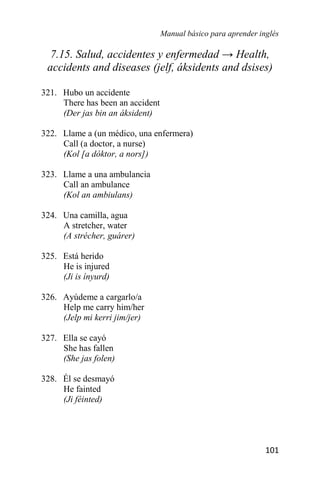 Manual básico para aprender inglés
101
7.15. Salud, accidentes y enfermedad → Health,
accidents and diseases (jelf, áksidents and dsises)
321. Hubo un accidente
There has been an accident
(Der jas bin an áksident)
322. Llame a (un médico, una enfermera)
Call (a doctor, a nurse)
(Kol [a dóktor, a nors])
323. Llame a una ambulancia
Call an ambulance
(Kol an ambiulans)
324. Una camilla, agua
A stretcher, water
(A strécher, guárer)
325. Está herido
He is injured
(Ji is ínyurd)
326. Ayúdeme a cargarlo/a
Help me carry him/her
(Jelp mi kerri jim/jer)
327. Ella se cayó
She has fallen
(She jas folen)
328. Él se desmayó
He fainted
(Ji féinted)
 