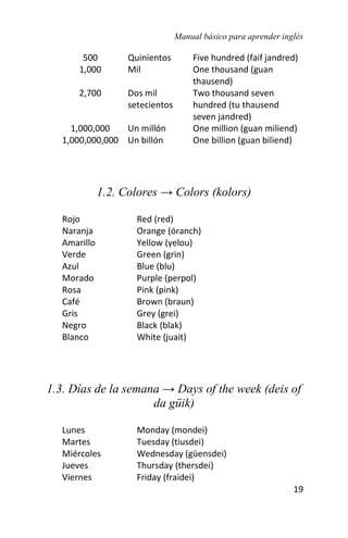 Manual básico para aprender inglés
19
500 Quinientos Five hundred (faif jandred)
1,000 Mil One thousand (guan
thausend)
2,700 Dos mil
setecientos
Two thousand seven
hundred (tu thausend
seven jandred)
1,000,000 Un millón One million (guan miliend)
1,000,000,000 Un billón One billion (guan biliend)
1.2. Colores → Colors (kolors)
Rojo Red (red)
Naranja Orange (óranch)
Amarillo Yellow (yelou)
Verde Green (grin)
Azul Blue (blu)
Morado Purple (perpol)
Rosa Pink (pink)
Café Brown (braun)
Gris Grey (grei)
Negro Black (blak)
Blanco White (juait)
1.3. Días de la semana → Days of the week (deis of
da güik)
Lunes Monday (mondei)
Martes Tuesday (tiusdei)
Miércoles Wednesday (güensdei)
Jueves Thursday (thersdei)
Viernes Friday (fraidei)
 