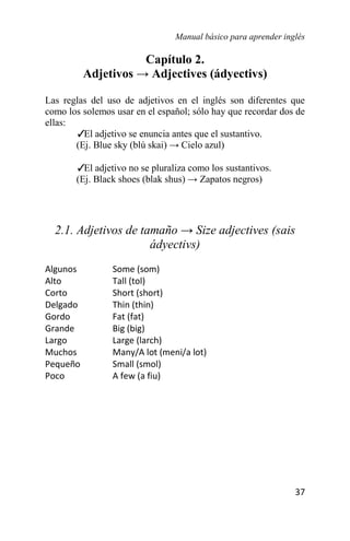 Manual básico para aprender inglés
37
Capítulo 2.
Adjetivos → Adjectives (ádyectivs)
Las reglas del uso de adjetivos en el inglés son diferentes que
como los solemos usar en el español; sólo hay que recordar dos de
ellas:
✓
El adjetivo se enuncia antes que el sustantivo.
(Ej. Blue sky (blú skai) → Cielo azul)
✓
El adjetivo no se pluraliza como los sustantivos.
(Ej. Black shoes (blak shus) → Zapatos negros)
2.1. Adjetivos de tamaño → Size adjectives (sais
ádyectivs)
Algunos Some (som)
Alto Tall (tol)
Corto Short (short)
Delgado Thin (thin)
Gordo Fat (fat)
Grande Big (big)
Largo Large (larch)
Muchos Many/A lot (meni/a lot)
Pequeño Small (smol)
Poco A few (a fiu)
 