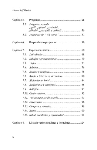 Hanna Jaff Bosdet
6
Capítulo 5. Preguntas............................................................. 56
5.1. Preguntas usando
¿qué?, ¿quién?, ¿cuándo?,
¿dónde?, ¿por qué? y ¿cómo?............................. 56
5.2. Preguntas sin “Wh words”................................. 57
Capítulo 6. Respondiendo preguntas..................................... 58
Capítulo 7. Expresiones útiles ............................................... 60
7.1. Dificultades......................................................... 68
7.2. Saludos y presentaciones.................................... 70
7.3. Viajes .................................................................. 73
7.4. Aduana................................................................ 76
7.5. Boletos y equipaje............................................... 78
7.6. Ayuda y letreros en el camino ............................ 80
7.7. Alojamiento: hotel .............................................. 84
7.8. Restaurante y alimentos...................................... 88
7.9. Religión............................................................... 93
7.10. Celebraciones..................................................... 93
7.11. Visitas a puntos de interés.................................. 93
7.12. Diversiones......................................................... 96
7.13. Compras y servicios............................................ 98
7.14. Banco................................................................ 100
7.15. Salud, accidentes y enfermedad........................ 101
Capítulo 8. Lista de verbos regulares e irregulares.............. 104
 