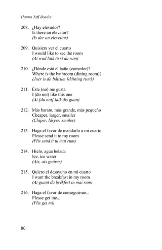 Hanna Jaff Bosdet
86
208. ¿Hay elevador?
Is there an elevator?
(Is der an eleveitor)
209. Quisiera ver el cuarto
I would like to see the room
(Ai wud laik tu si da rum)
210. ¿Dónde está el baño (comedor)?
Where is the bathroom (dining room)?
(Juer is da bátrum [dáining rum])
211. Éste (no) me gusta
I (do not) like this one
(Ai [du not] laik dis guan)
212. Más barato, más grande, más pequeño
Cheaper, larger, smaller
(Chíper, láryer, smóler)
213. Haga el favor de mandarlo a mi cuarto
Please send it to my room
(Plis send it tu mai rum)
214. Hielo, agua helada
Ice, ice water
(Ais, ais guárer)
215. Quiero el desayuno en mi cuarto
I want the breakfast in my room
(Ai guant da brékfest in mai rum)
216. Haga el favor de conseguirme...
Please get me...
(Plis get mi)
 