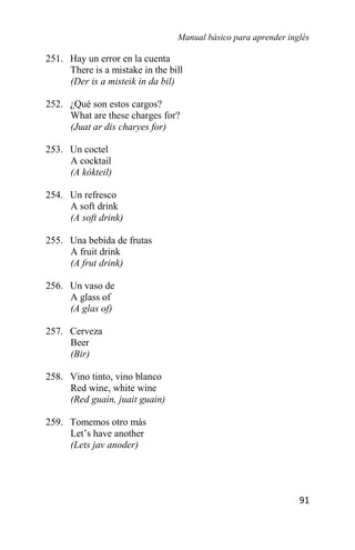 Manual básico para aprender inglés
91
251. Hay un error en la cuenta
There is a mistake in the bill
(Der is a misteik in da bil)
252. ¿Qué son estos cargos?
What are these charges for?
(Juat ar dis charyes for)
253. Un coctel
A cocktail
(A kókteil)
254. Un refresco
A soft drink
(A soft drink)
255. Una bebida de frutas
A fruit drink
(A frut drink)
256. Un vaso de
A glass of
(A glas of)
257. Cerveza
Beer
(Bir)
258. Vino tinto, vino blanco
Red wine, white wine
(Red guain, juait guain)
259. Tomemos otro más
Let’s have another
(Lets jav anoder)
 