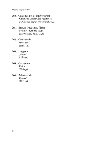 Hanna Jaff Bosdet
92
260. Caldo (de pollo, con verduras)
(Chicken) Soup (with vegetables)
([Chiquen] Sup [with véshtabols])
261. Huevos (revueltos, fritos)
(scrambled, fried) Eggs
([skrambold, fraid] Egs)
262. Carne asada
Roast beef
(Roust bif)
263. Langosta
Lobster
(Lóbster)
264. Camarones
Shrimp
(Shrimp)
265. Rebanada de...
Slice of...
(Slais of)
 