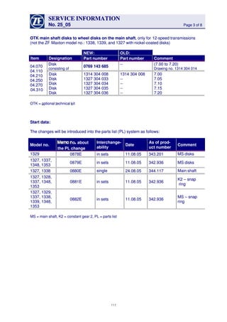 SERVICESERVICE INFORMATIONINFORMATION
No. 25_05No. 25_05 Page 3 of 8Page 3 of 8
OTK main shaft disks to wheel disks on the main shaftOTK main shaft disks to wheel disks on the main shaft, only for, only for 12-speed transmissions12-speed transmissions
(not the ZF(not the ZF Maxton model no.: 1338, 1339, and 1327 with nickel-coated disks)Maxton model no.: 1338, 1339, and 1327 with nickel-coated disks)
NEW:NEW: OLD:OLD:
ItemItem DesignationDesignation Part numberPart number Part numberPart number CommentComment
DiskDisk
consisting ofconsisting of
0769 143 6850769 143 685
---- (7.00(7.00 toto 7.20)7.20)
Drawing no. 1314 304 014Drawing no. 1314 304 014
04.07004.070
04.11004.110
04.21004.210
04.25004.250
04.27004.270
04.31004.310
DiskDisk
DiskDisk
DiskDisk
DiskDisk
DiskDisk
1314 304 0081314 304 008
1327 304 0331327 304 033
1327 304 0341327 304 034
1327 304 0351327 304 035
1327 304 0361327 304 036
1314 304 0081314 304 008
----
----
----
----
7.007.00
7.057.05
7.107.10
7.157.15
7.207.20
OTK = optional technical kOTK = optional technical kitit
Start data:Start data:
The changes will be introduced into the parts list (PL) system as follows:The changes will be introduced into the parts list (PL) system as follows:
Model no.Model no.
aboutabout
the PL changethe PL change
Interchange-Interchange-
abilityability
DateDate
As of prod-As of prod-
uct numberuct number
CommentComment
13291329 0878E0878E in setsin sets 11.08.05 343.20111.08.05 343.201 MS disksMS disks
1327, 1337,1327, 1337,
1348, 13531348, 1353
0879E0879E in setsin sets 11.08.05 342.93611.08.05 342.936 MSMS disksdisks
1327,1327, 13381338 0880E0880E singlesingle 24.08.05 344.11724.08.05 344.117 Main shaftMain shaft
1327, 1328,1327, 1328,
1337, 1348,1337, 1348,
13531353
0881E0881E in setsin sets 11.08.05 342.93611.08.05 342.936
K2 – snapK2 – snap
ringring
1327, 1329,1327, 1329,
1337, 1338,1337, 1338,
1339, 1348,1339, 1348,
13531353
0882E0882E in setsin sets 11.08.05 342.93611.08.05 342.936
MS – snapMS – snap
ringring
MS = main shaft, K2 = constant gear 2, PL = parts listMS = main shaft, K2 = constant gear 2, PL = parts list
117117
oo
 