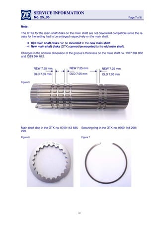 SERVICESERVICE INFORMATIONINFORMATION
No. 25_05No. 25_05 Page 7 of 8Page 7 of 8
Note:Note:
The OTKs for the main shaft disks on the main shaft are not downward compatible since the re-The OTKs for the main shaft disks on the main shaft are not downward compatible since the re-
cess for the settingcess for the setting had to be enlarged respectively on the main shaft.had to be enlarged respectively on the main shaft.
 Old mainOld main shaftshaft disksdisks can be can be mountedmounted to the to the new main shaftnew main shaft..
 New mainNew main shaftshaft disksdisks (OTK) (OTK) cannot be mounted cannot be mounted to the to the old main shaftold main shaft..
Changes in the nominal dimension of the groove’s thickness on the main shaft no. 1327 304 032Changes in the nominal dimension of the groove’s thickness on the main shaft no. 1327 304 032
and 1329 304 012.and 1329 304 012.
Figure 5Figure 5
MainMain shaft disk inshaft disk in the OTK nothe OTK no. 0769. 0769 143 685143 685.. SecuringSecuring ring inring in the OTK no.the OTK no. 0769 140769 144 2984 298 //
299.299.
Figure 6Figure 6 Figure 7Figure 7
NEW 7.25 mmNEW 7.25 mm
OLD 7.05 mmOLD 7.05 mm
NEW 7.25 mmNEW 7.25 mm
OLD 7.05 mmOLD 7.05 mm
NEW 7.25 mmNEW 7.25 mm
OLD 7.05 mmOLD 7.05 mm
121121
 