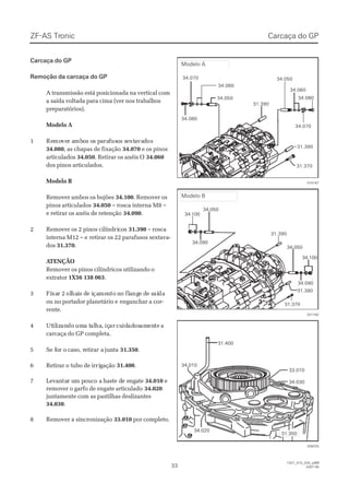 ZF-ASZF-AS TrTroniconic
3333
1327_31D_020_ptBR1327_31D_020_ptBR
2007-052007-05
Carcaça do GPCarcaça do GP
Remoção da carcaça do GPRemoção da carcaça do GP
A transmissão está posicionada na vertical comA transmissão está posicionada na vertical com
a saída voltada para cima (ver nos trabalhosa saída voltada para cima (ver nos trabalhos
preparatórios).preparatórios).
Modelo AModelo A
11 ReRemomovever ar ambmboos os os ps paararaffususoos ss seextxtaavavaddosos
34.08034.080, as chapas de fixação, as chapas de fixação 34.07034.070 e os pinose os pinos
articuladosarticulados 34.05034.050. Retirar os anéis O. Retirar os anéis O 34.06034.060
dos pinos articulados.dos pinos articulados.
Modelo BModelo B
Remover ambos os bujõesRemover ambos os bujões 34.10034.100. Remover os. Remover os
pinos articuladospinos articulados 34.05034.050 – rosca interna M8 –– rosca interna M8 –
e retirar os anéis de retençãoe retirar os anéis de retenção 34.09034.090..
22 RReemmoovveerr ooss 22 ppiinnooss cciillíínnddririccooss 31.39031.390 – rosca– rosca
interna M12 – einterna M12 – e retirar os 22 parafusos sextava-retirar os 22 parafusos sextava-
dosdos 31.37031.370..
 A ATENÇÃOTENÇÃO
Remover os pinos cilíndricos utilizando oRemover os pinos cilíndricos utilizando o
extratorextrator 1X56 138 0631X56 138 063..
33 FiFixaxar 2r 2 ololhahaiis ds de ie içaçamemenntoto nno flo flaangnge de de se saíaídada
ou no portador planetário eou no portador planetário e enganchar a cor-enganchar a cor-
rente.rente.
44 UtUtililizizanandodo umuma ta talalhaha,, içiçarar cucuididadadososamamenentete aa
carcaça do GP completa.carcaça do GP completa.
55 SSe fe foor or o ccaassoo, r, reettiirraar ar a jjuunnttaa 31.35031.350..
66 RReettiirraarr oo ttuubboo ddee iirrririggaaççããoo 31.40031.400..
77 LLeevvaanntatar ur um pm poouucco ao a hhaasstte de de ee ennggaattee 34.01034.010 ee
remover o garfo de engate articuladoremover o garfo de engate articulado 34.02034.020
juntamente com as pastilhas deslizantesjuntamente com as pastilhas deslizantes
34.03034.030..
88 RReemmoovveerr aa ssiinnccrroonniizzaaççããoo 33.01033.010 por completo.por completo.
31.37031.370
31.39031.390
34.05034.050
34.06034.060
34.07034.070
34.08034.080
31.39031.390
34.05034.050
34.06034.060
34.08034.080
34.07034.070
015167015167
34.05034.050
34.09034.090
34.10034.100
34.05034.050
34.09034.090
34.10034.100
31.37031.370
31.39031.390
31.39031.390
021762021762
028225028225
33.01033.010
34.03034.030
31.40031.400
34.01034.010
34.02034.020
31.35031.350
Carcaça do GPCarcaça do GP
Modelo AModelo A
Modelo BModelo B
 